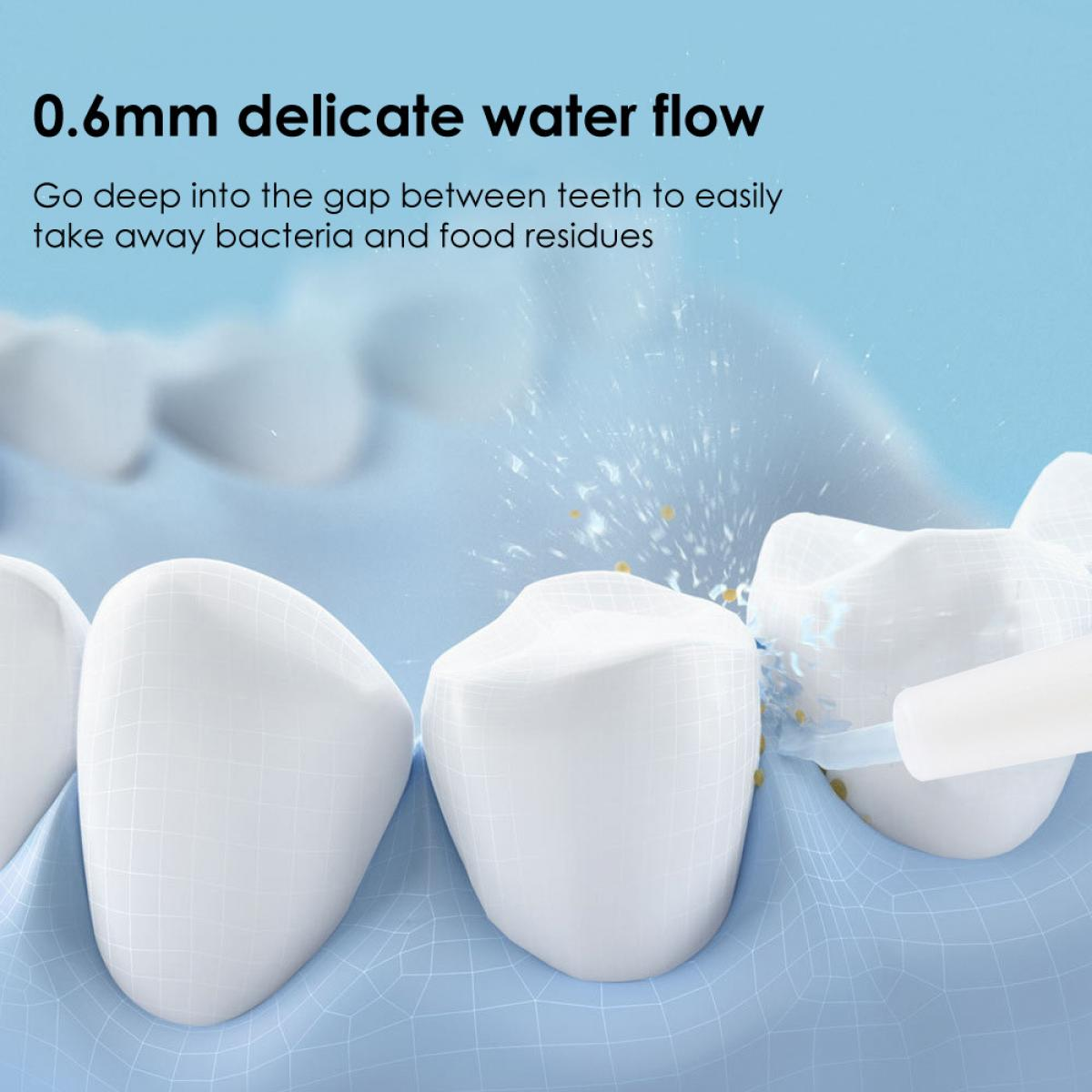 0,6 mm feiner Wasserstrahl reinigt Zahnzwischenräume von Bakterien.