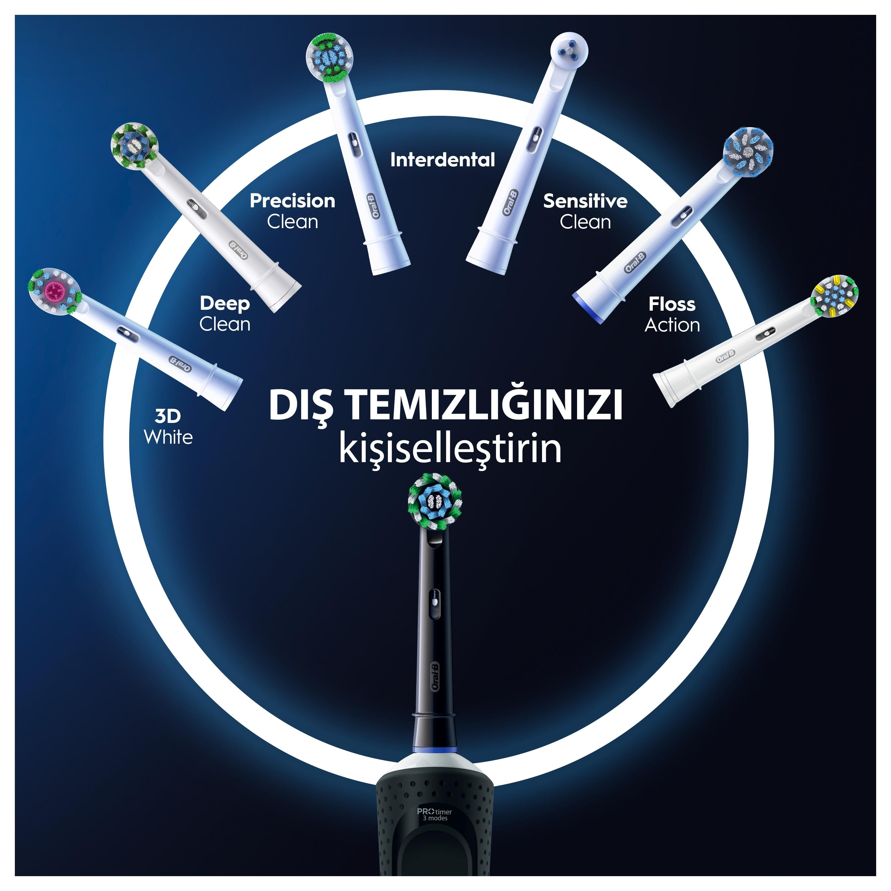 Spazzolino elettrico con varie testine ed etichette, su sfondo blu scuro.