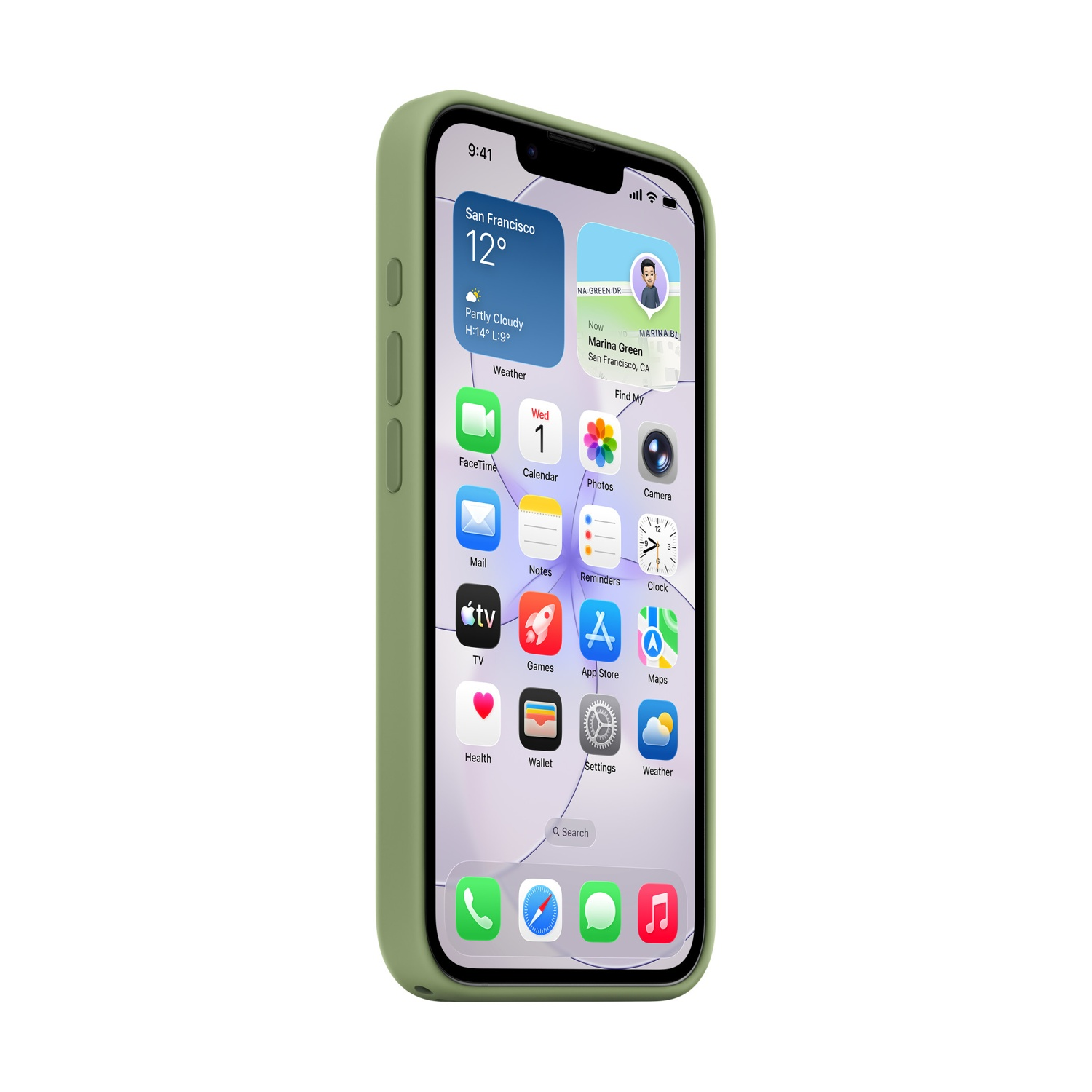 Un iPhone con funda verde claro muestra una pantalla con iconos del tiempo, calendario y apps.