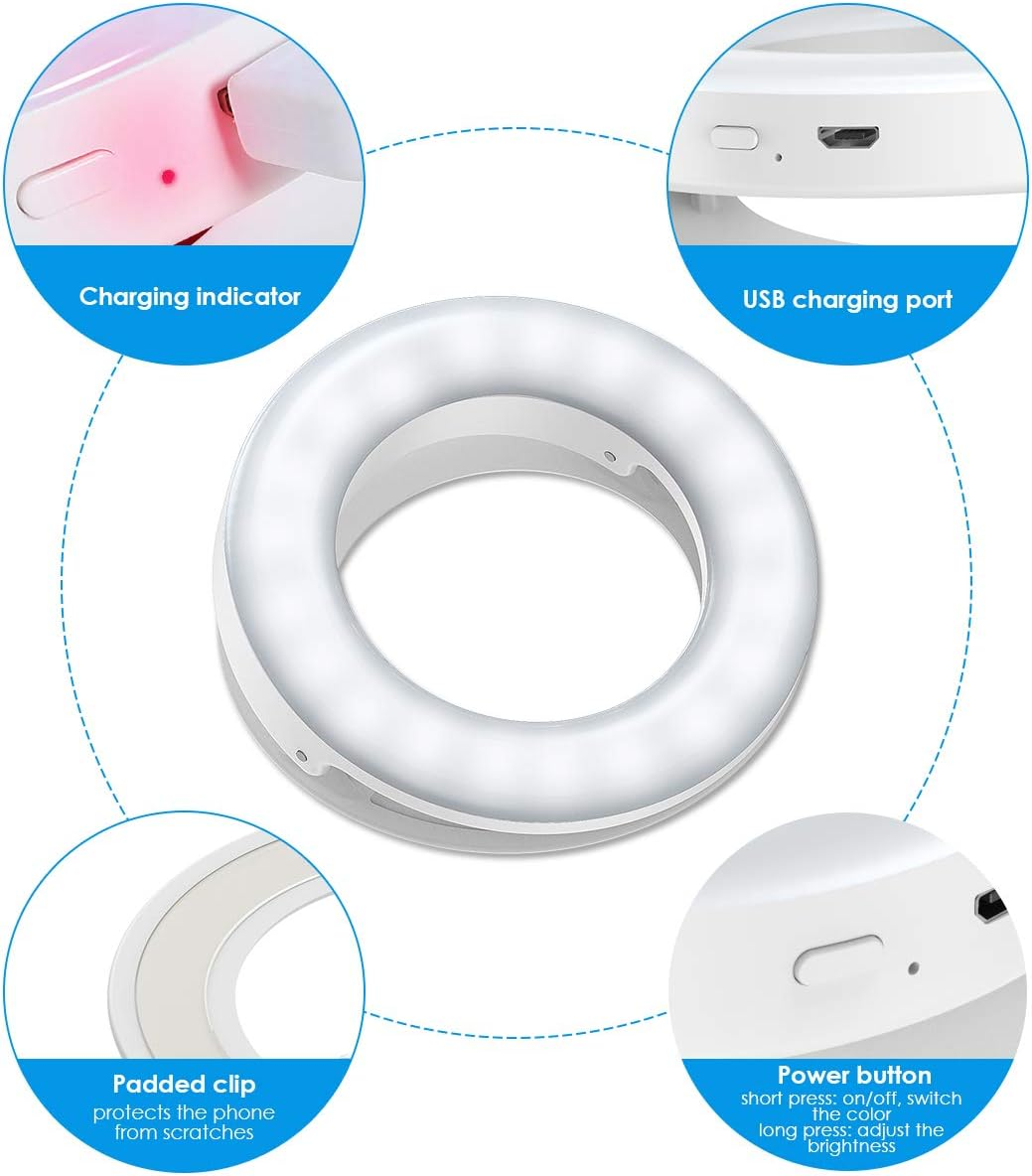 Ringlicht mit Ladeanzeige, USB-Anschluss, gepolsterter Klemme und Power-Taste.