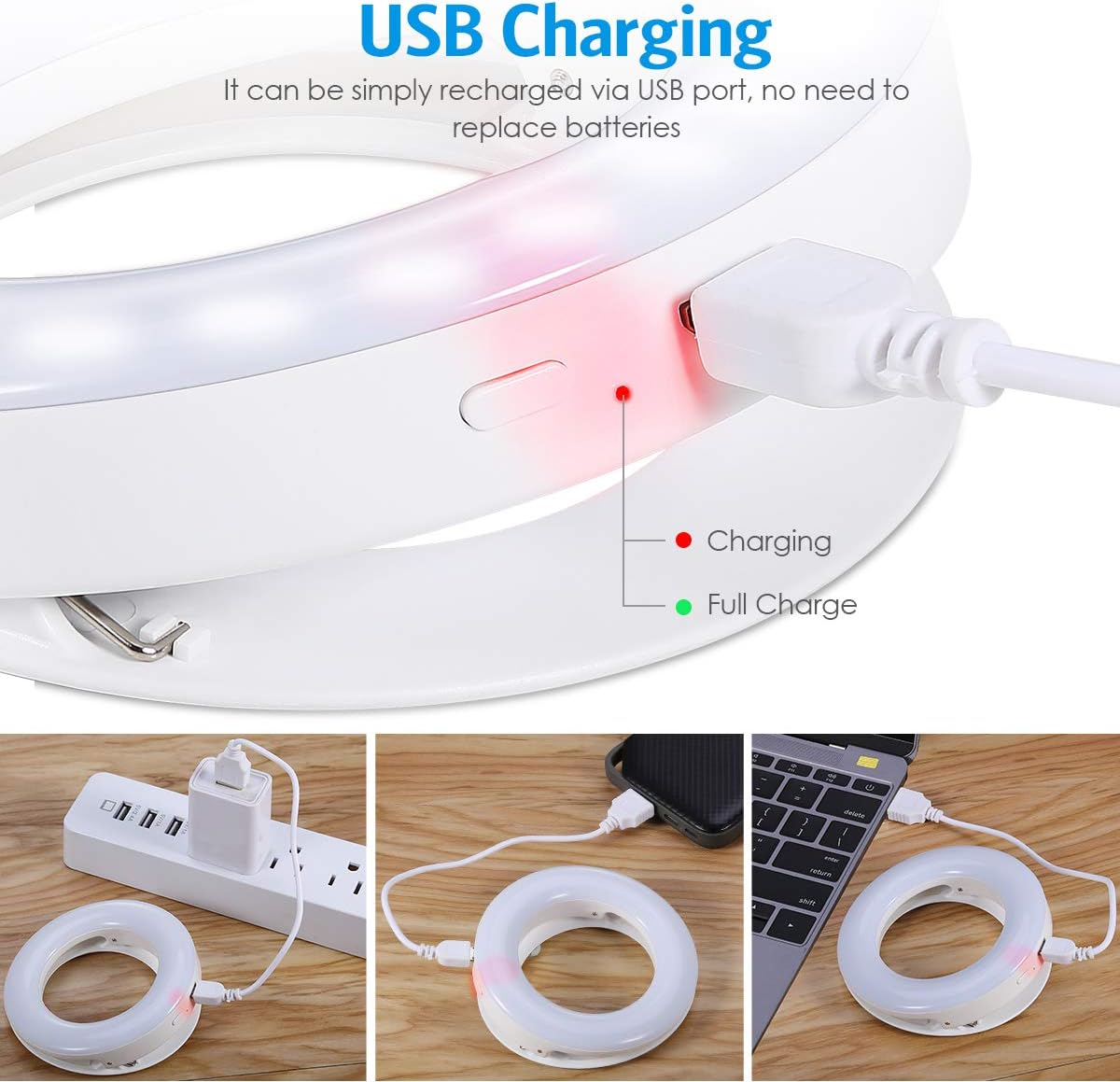 Ein weißer Ring mit USB-Anschluss wird geladen. Zeigt Ladezustände an.