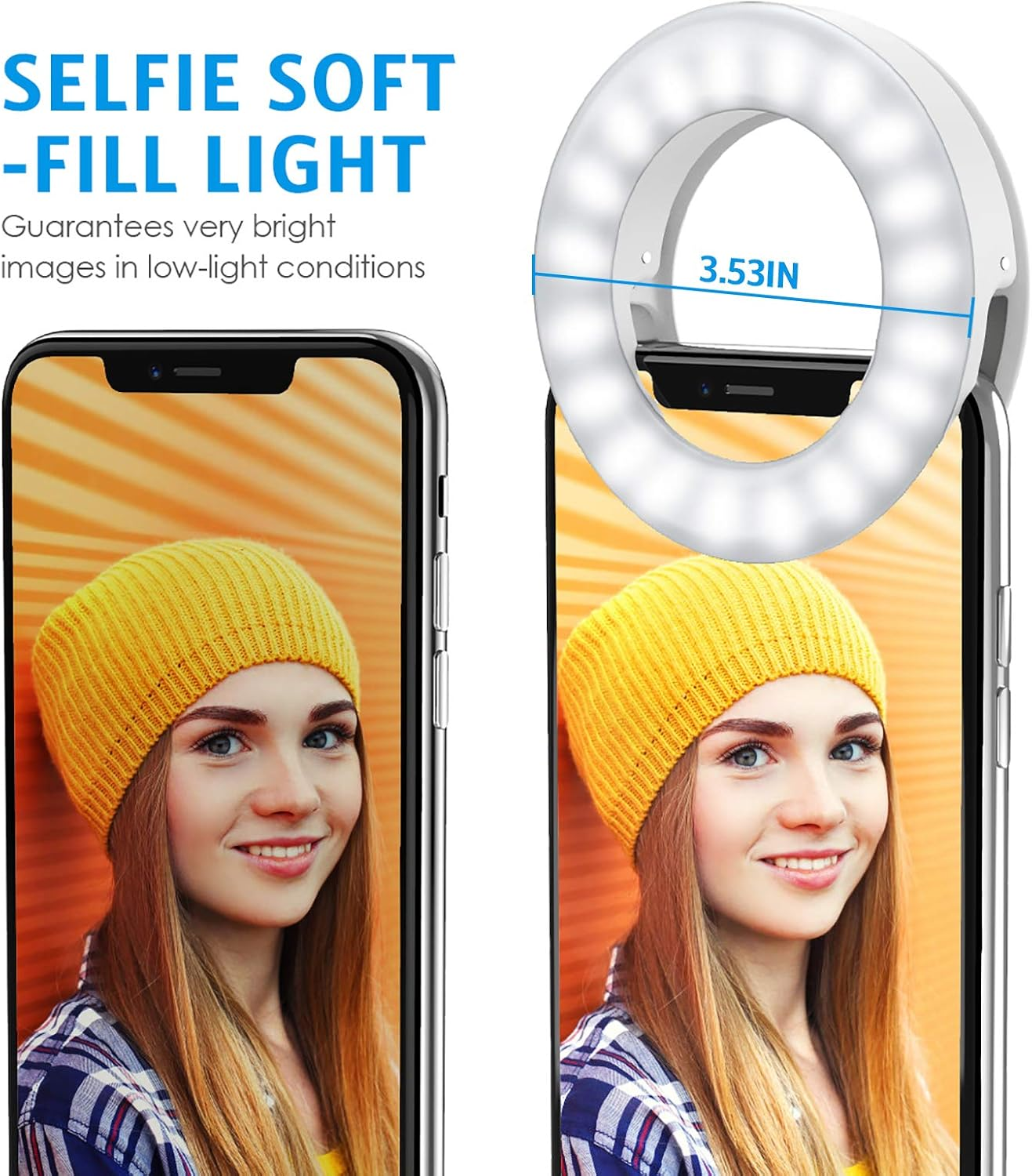 Ringlicht mit 3,53 Zoll Durchmesser, befestigt an einem Smartphone mit Porträt einer Frau.