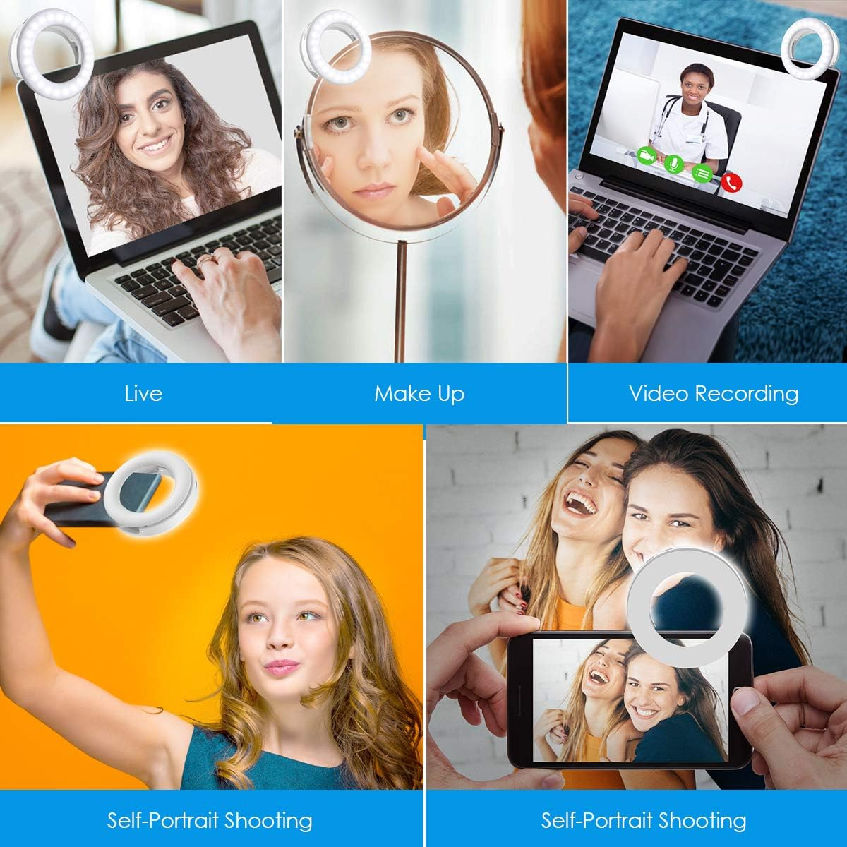 Collage zeigt verschiedene Anwendungen eines Ringlichts: Live-Video, Make-up, Videoanrufe und Selfies.