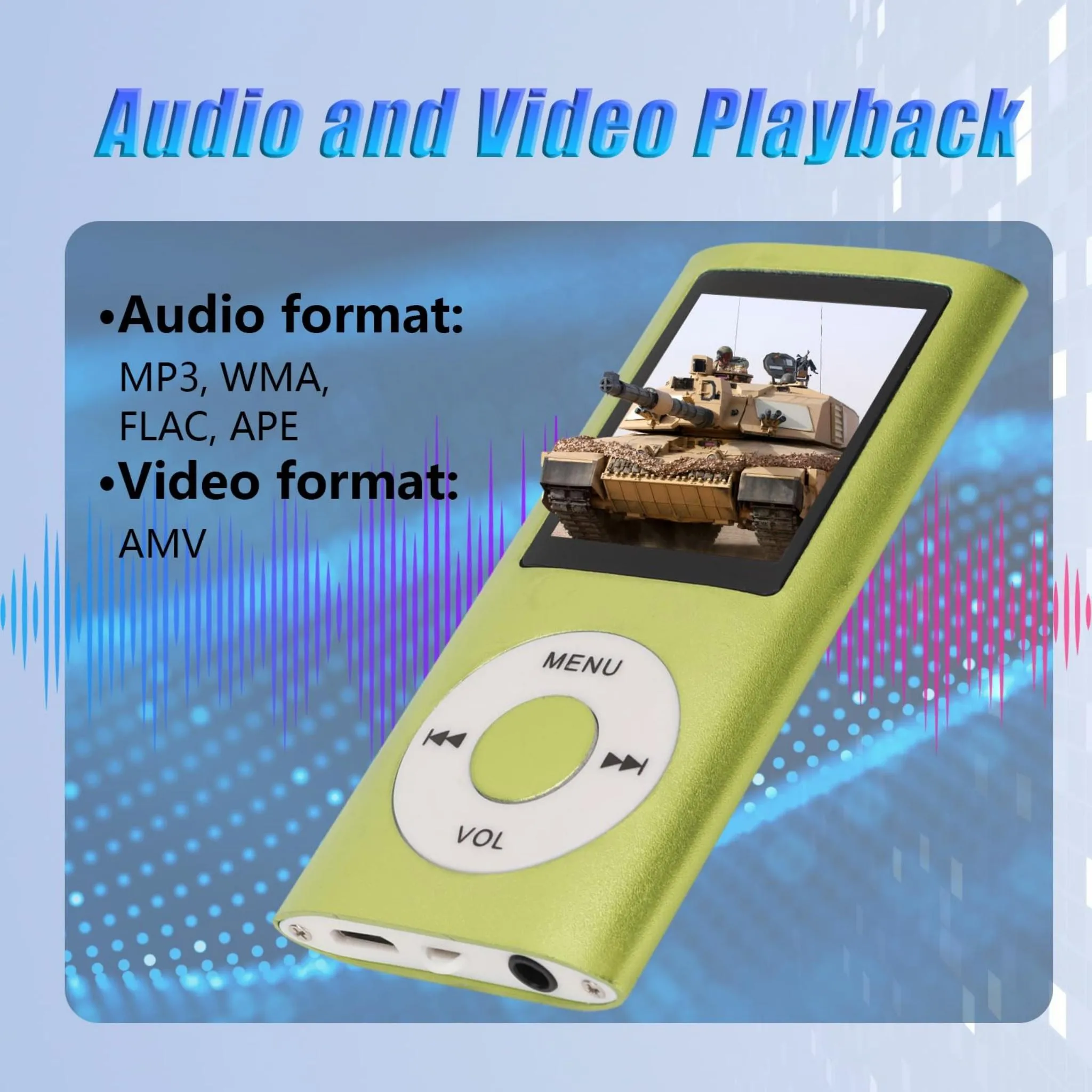 Grüner MP3-Player zeigt einen Panzer im Video. Audioformate: MP3, WMA, FLAC, APE.