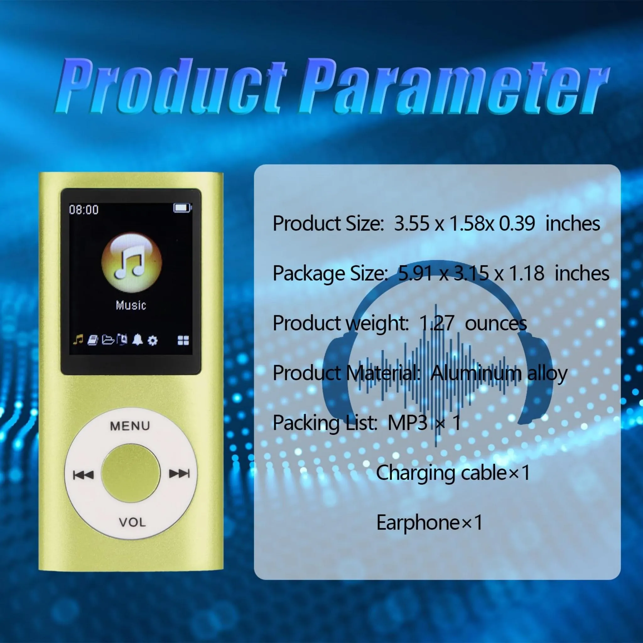 Ein hellgrüner MP3-Player mit Kopfhörersymbol und Produktdaten.