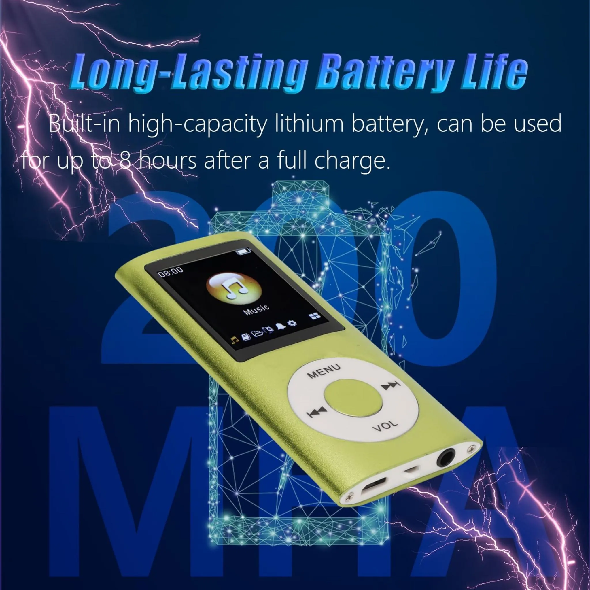 Ein grüngelber MP3-Player mit Musiksymbol auf dem Bildschirm.