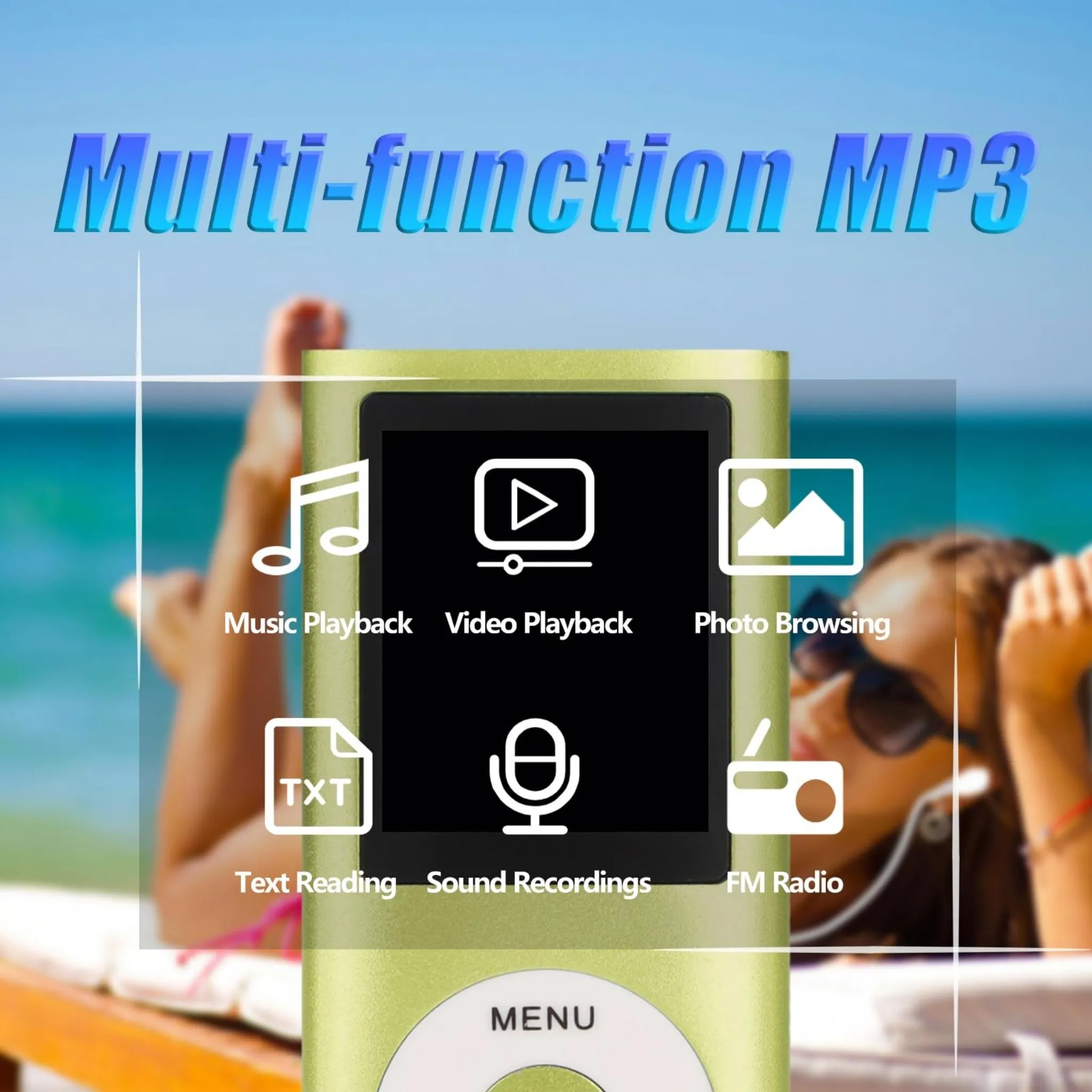 Ein hellgrüner MP3-Player mit Funktionen wie Musikwiedergabe, Video und FM-Radio.