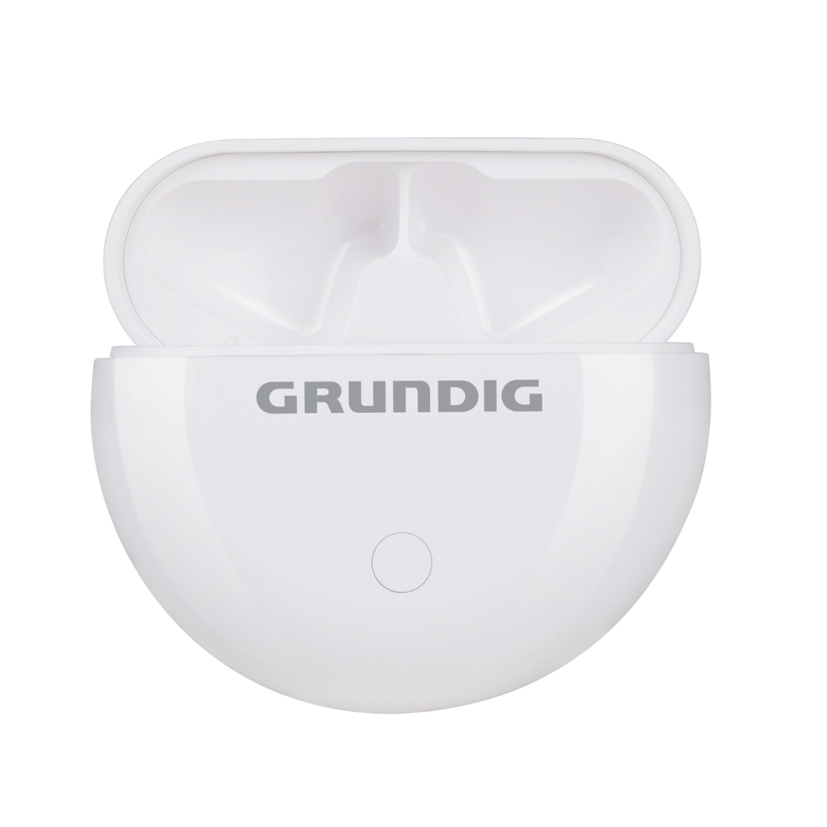 Ein offenes weißes Ladeetui mit dem GRUNDIG-Logo.