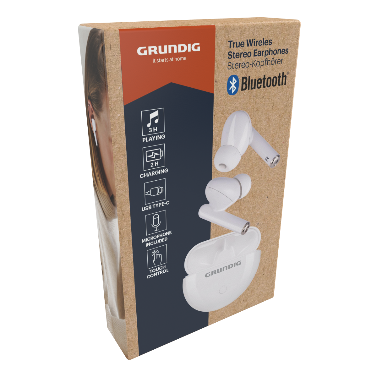 Verpackung für weiße kabellose GRUNDIG Kopfhörer mit Ladecase, Bluetooth.