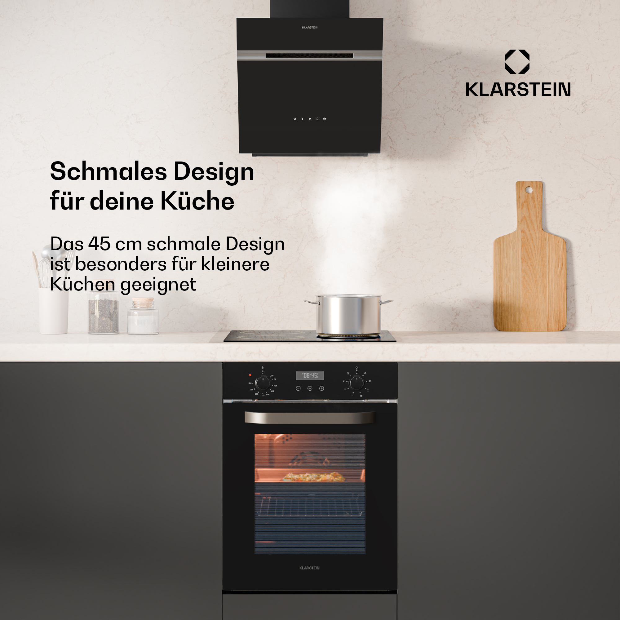 Moderne Küche mit Klarstein Dunstabzugshaube, Kochfeld und Ofen.