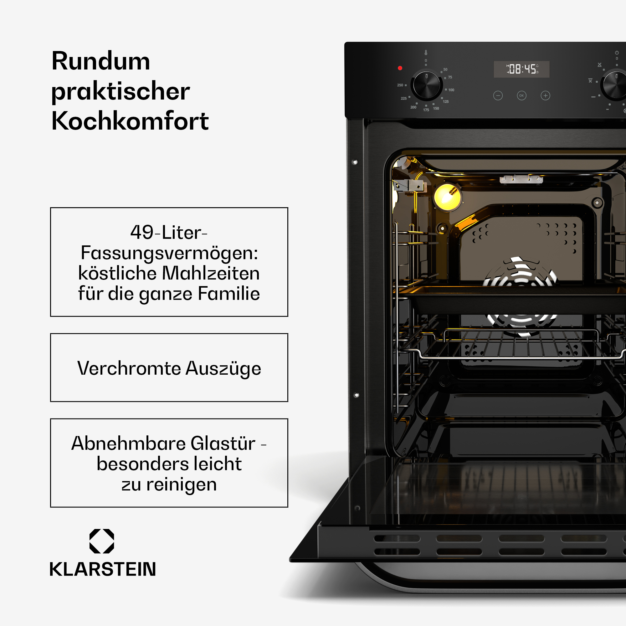 Ein schwarzer Einbauofen mit geöffneter Tür. Links sind Produktmerkmale aufgeführt.
