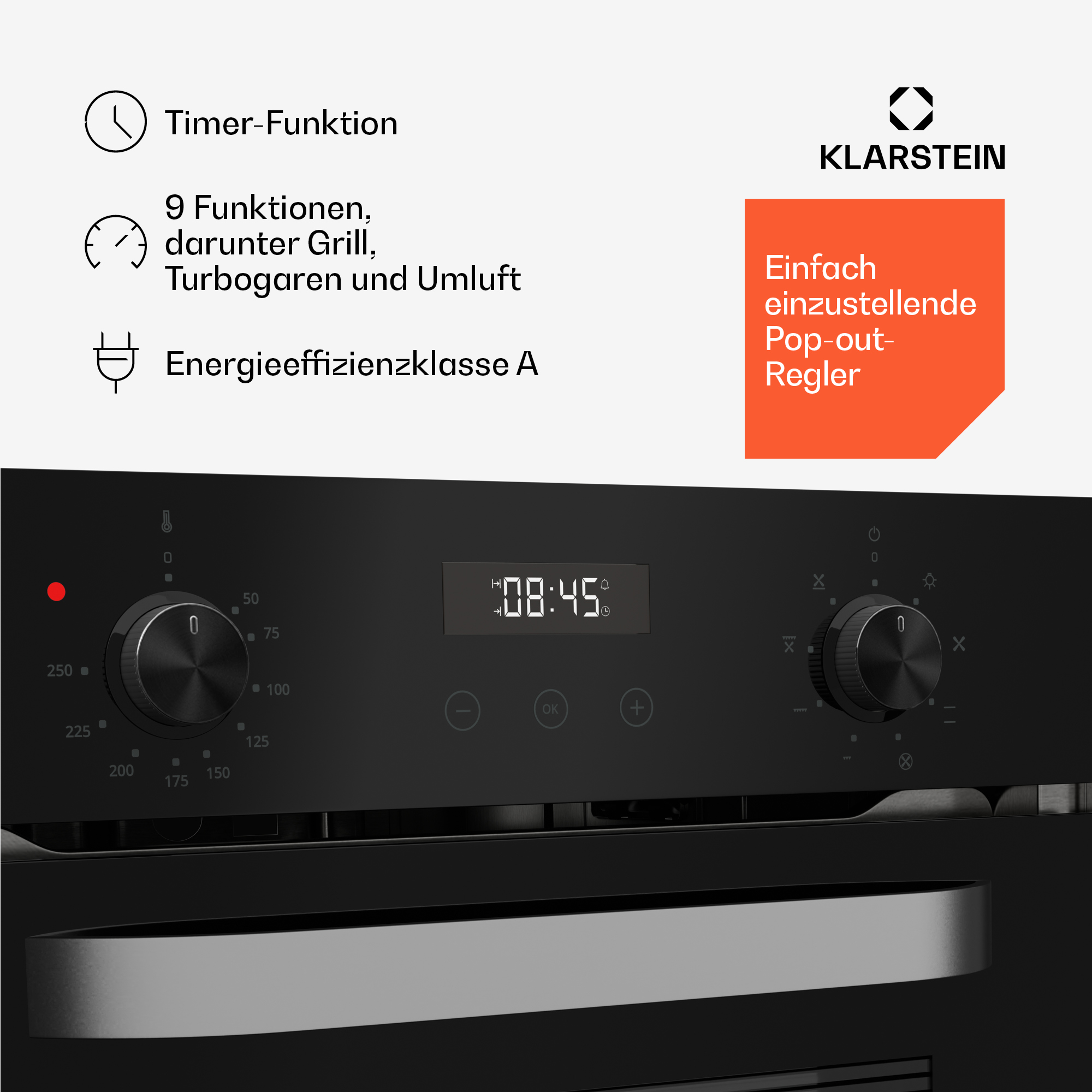 Schwarzer Ofen mit Digitalanzeige (08:45) und Reglern. Funktionen: Timer, Energieeffizienzklasse A.