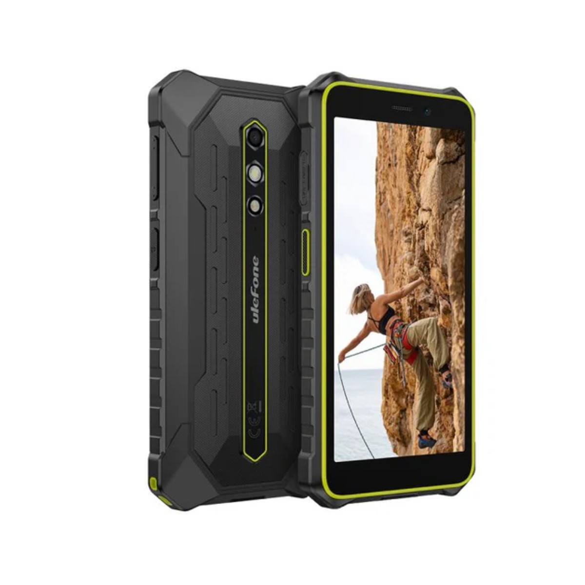 Wytrzymały czarny telefon Ulefone z limonkowymi akcentami. Ekran pokazuje kobietę wspinającą się.