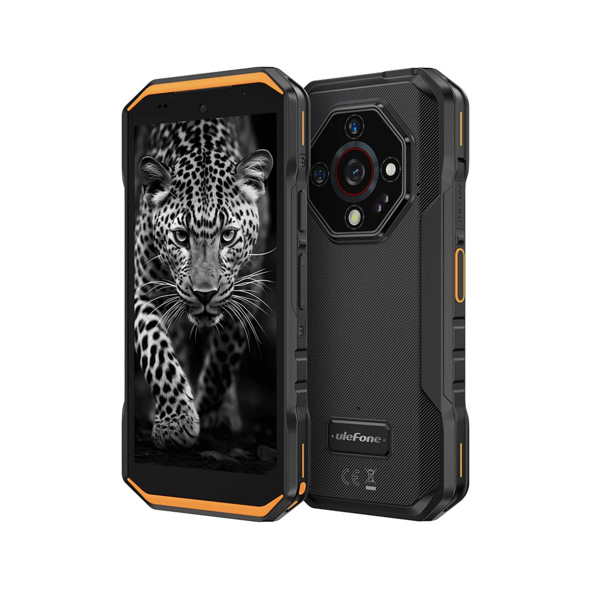 Wytrzymały smartfon z tapetą z lampartem, czarnym teksturowanym tyłem i aparatami.