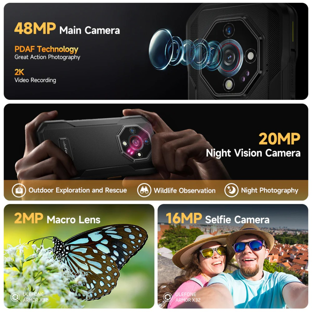 Zdjęcie produktu przedstawia cztery funkcje aparatu smartfona: główny 48MP, noktowizor 20MP, makro 2MP i selfie 16MP.