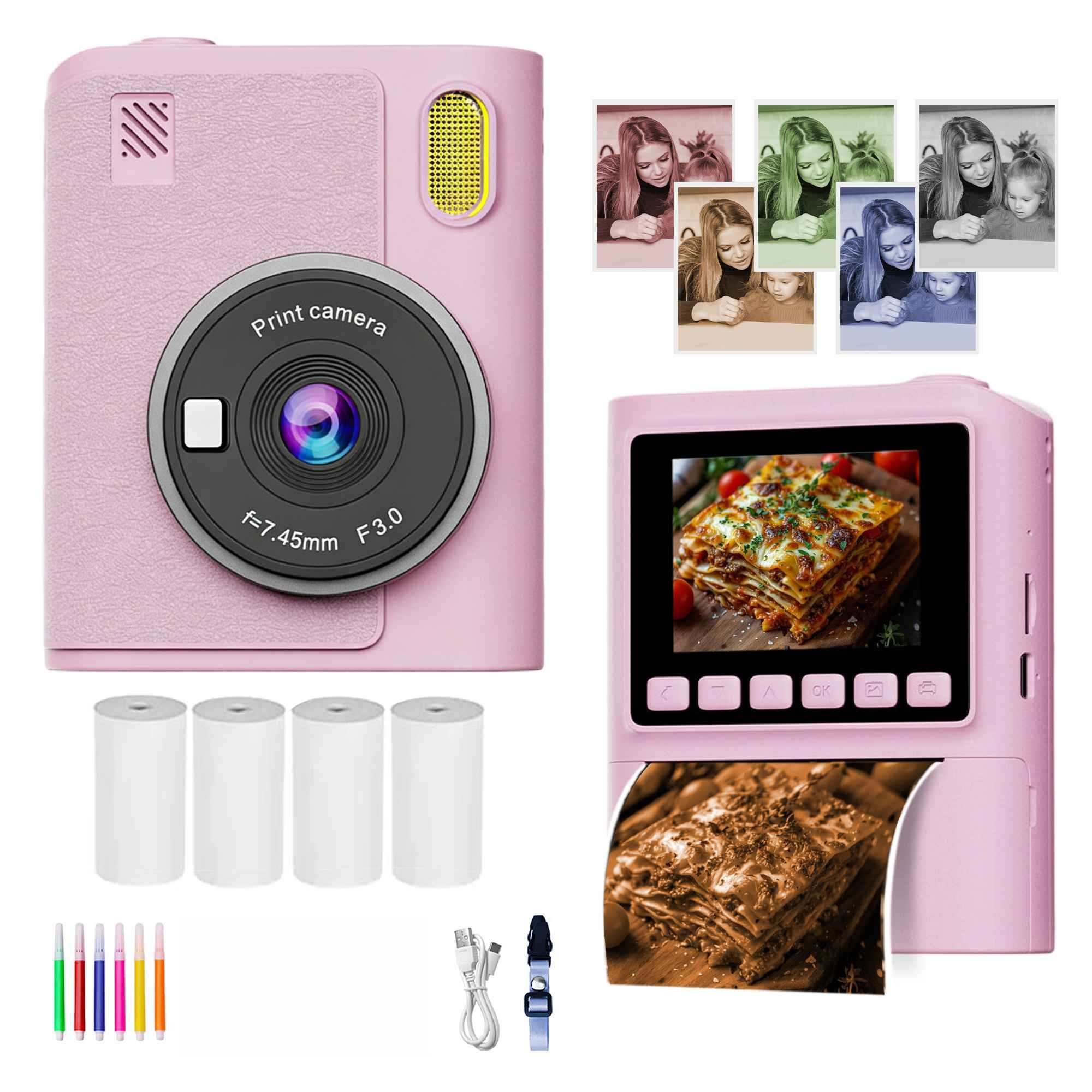 Pinke Sofortbildkamera mit Papierrollen, Stiften, Kabel und einem Lasagne-Druck.