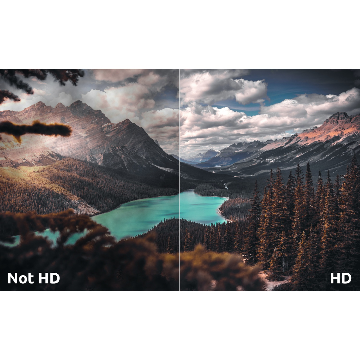Geteilte Ansicht von Bergen, türkisfarbenem See und Wäldern. Links 'Nicht HD', rechts 'HD'.