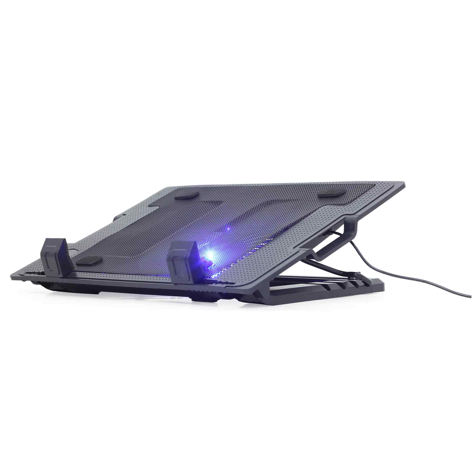 Schwarzer Laptop-Kühler mit blauen LEDs und verstellbarem Ständer.