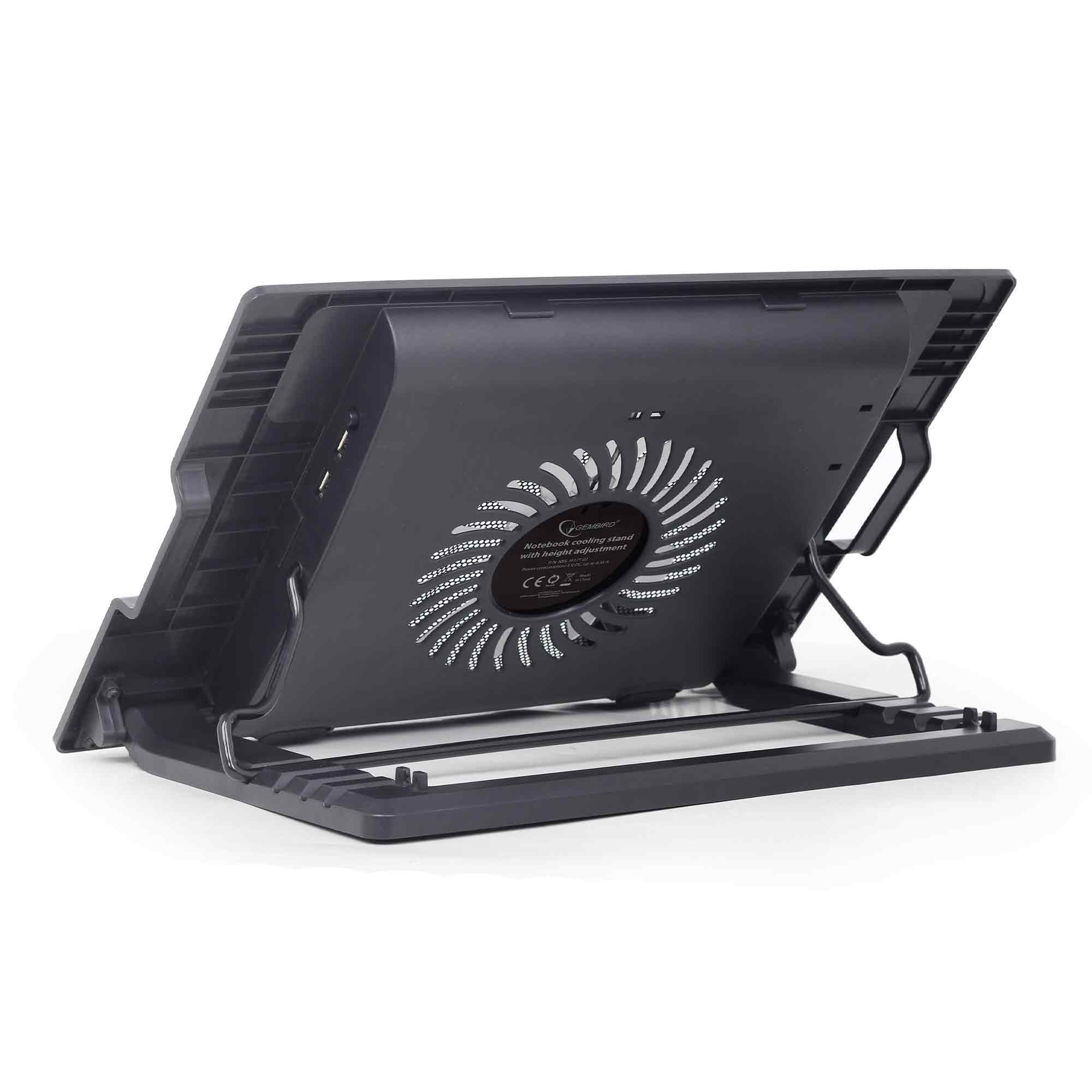 Ein schwarzer Laptop-Kühlständer mit verstellbarer Höhe und integriertem Lüfter.