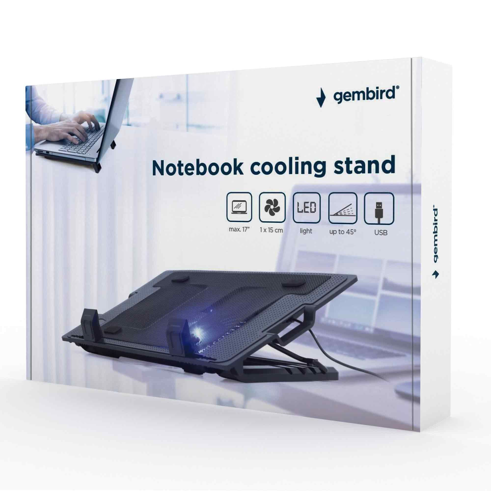 Schwarzer Notebookkühler mit LED-Beleuchtung, für bis zu 17 Zoll Laptops.