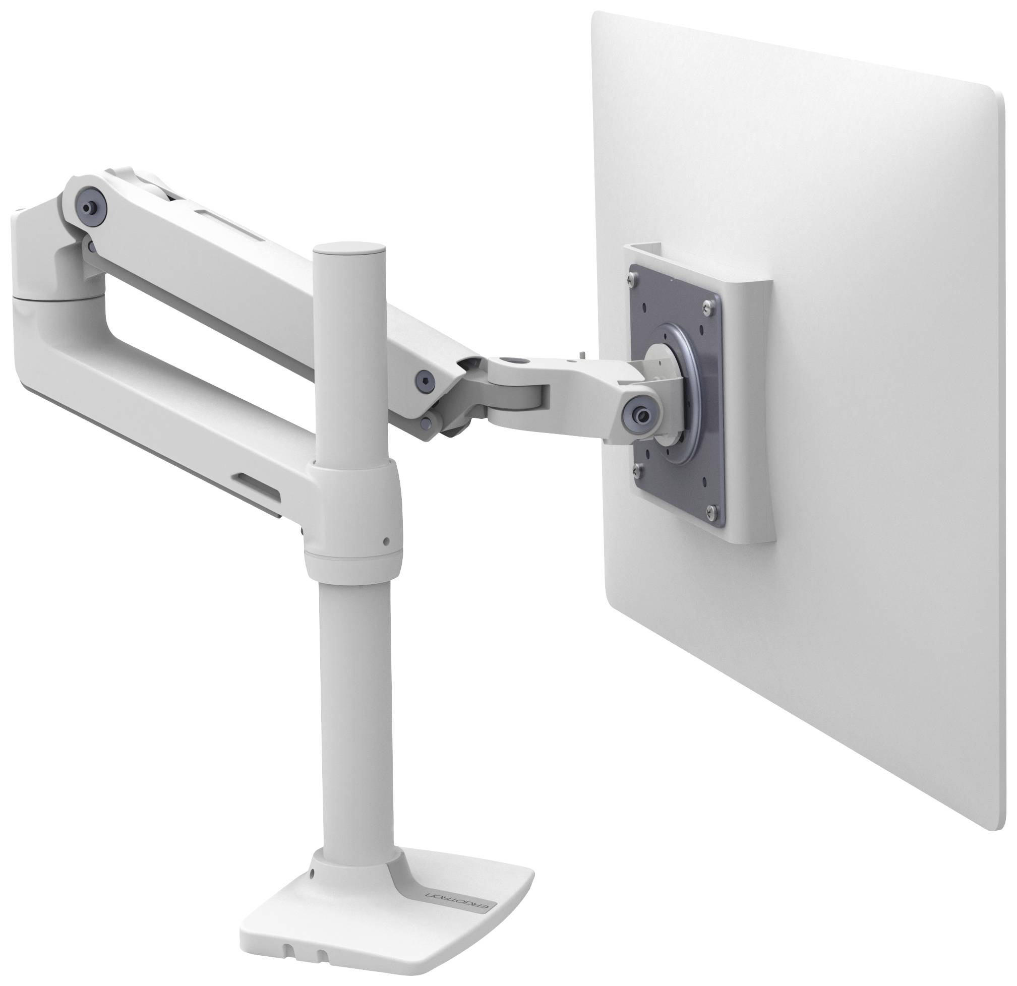 Un braccio per monitor bianco che sorregge un monitor, sfondo bianco.