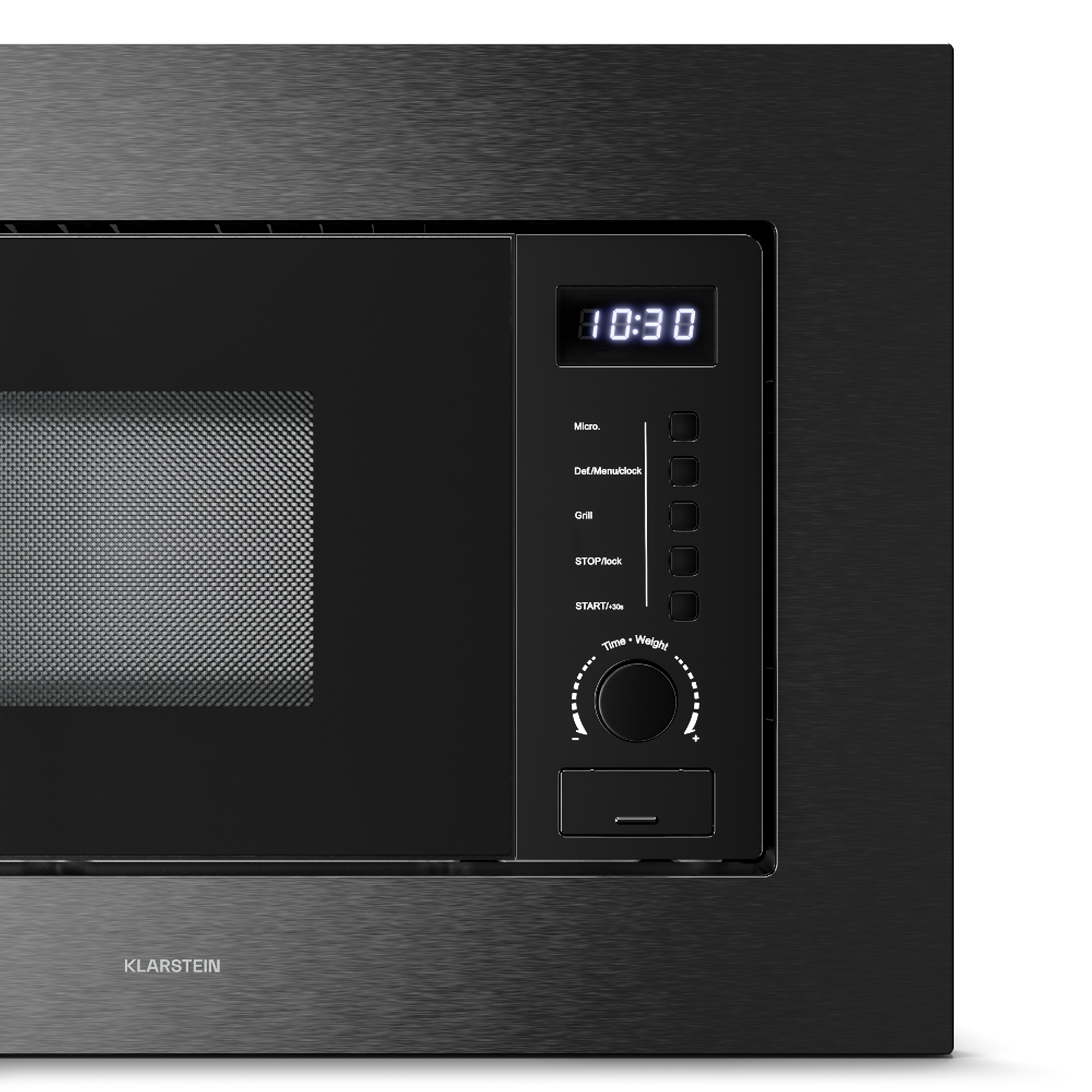 Forno a microonde nero con display digitale 10:30 e pulsanti di controllo.