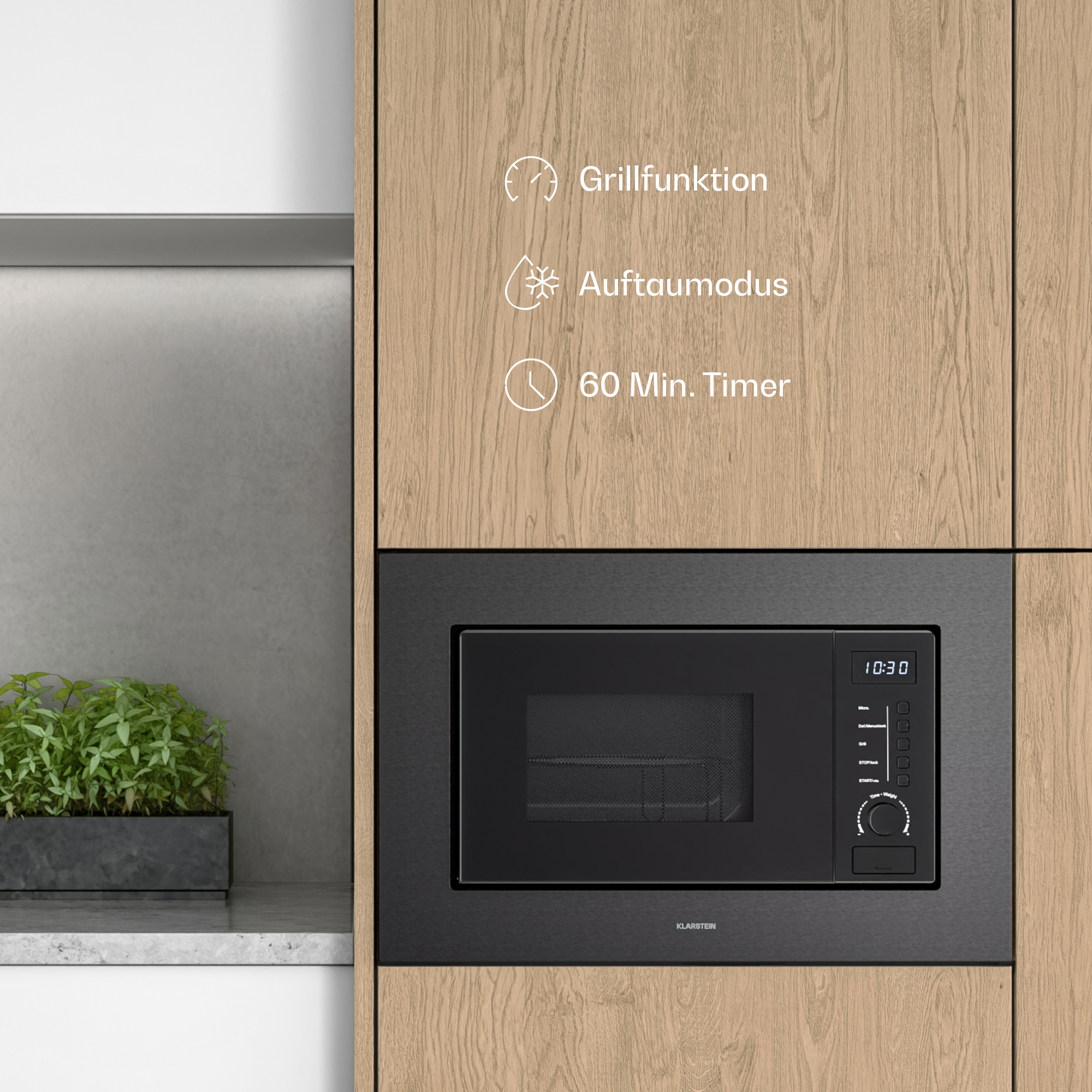 Microonde da incasso con grill, scongelamento e timer in cucina effetto legno.