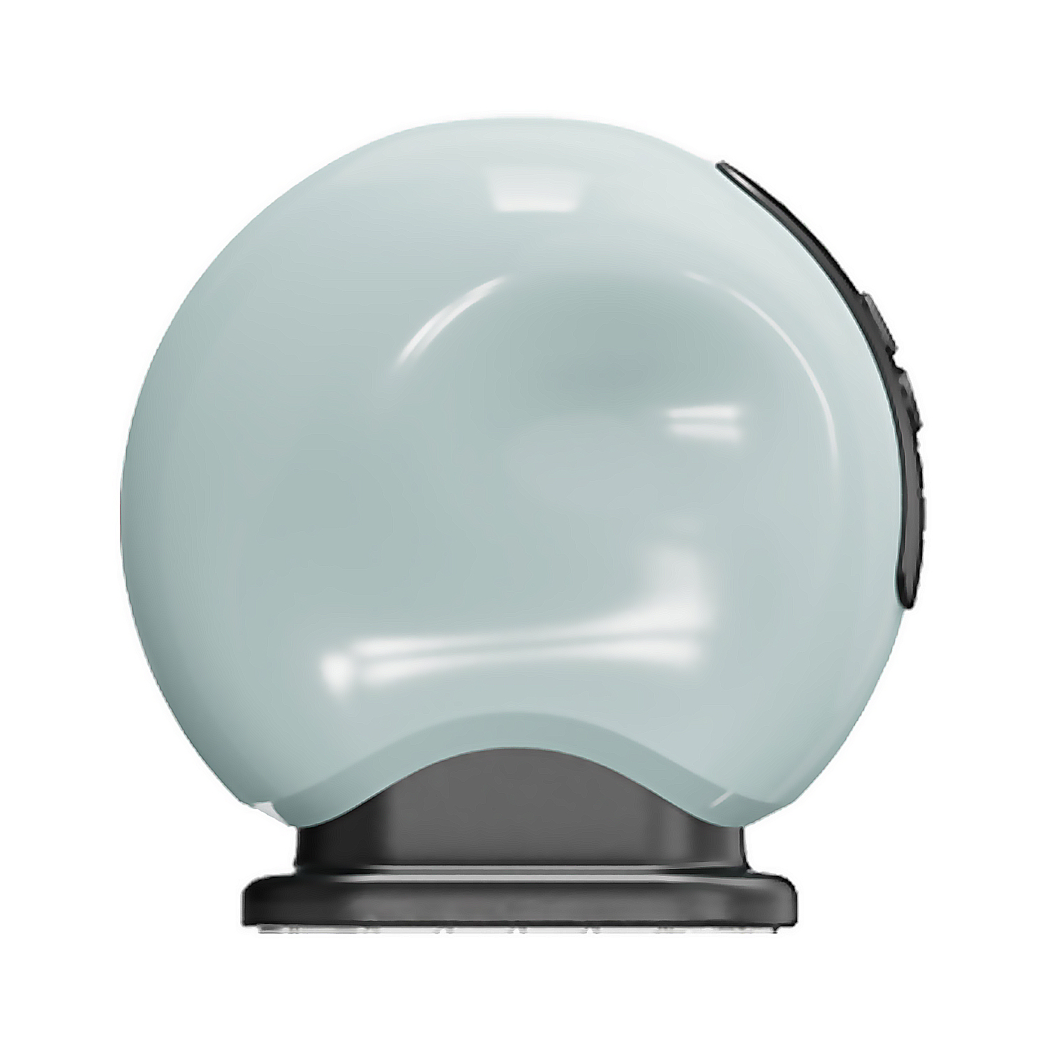 Oggetto sferico blu chiaro con base e finiture nere.