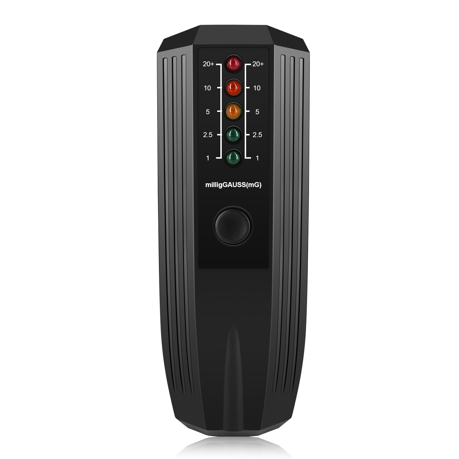 Schwarzer Gaussmeter mit LED-Anzeigen für 1, 2,5, 5, 10, 20+ mG.