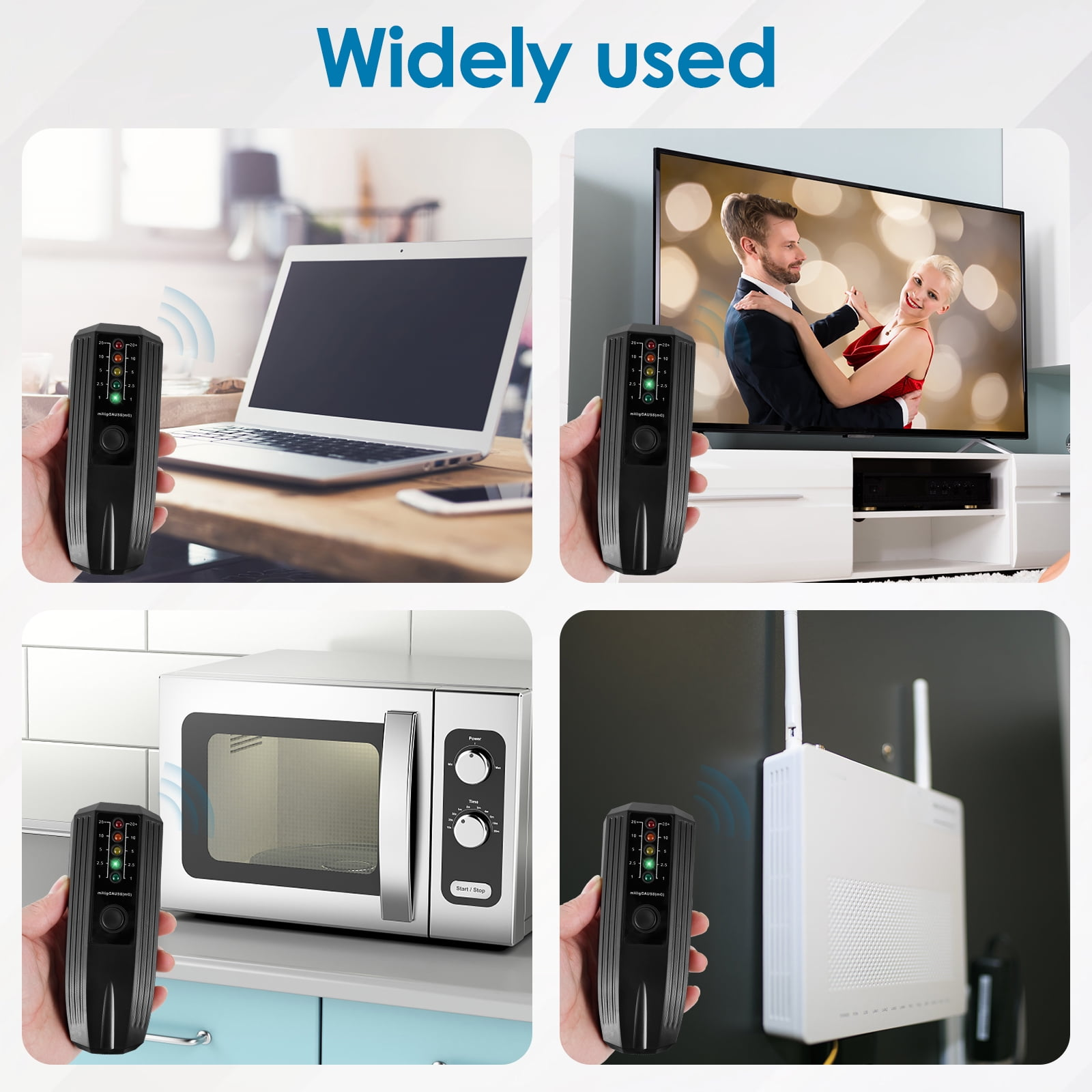 Ein schwarzes Messgerät wird neben einem Laptop, Fernseher, Mikrowelle und WLAN-Router gehalten.