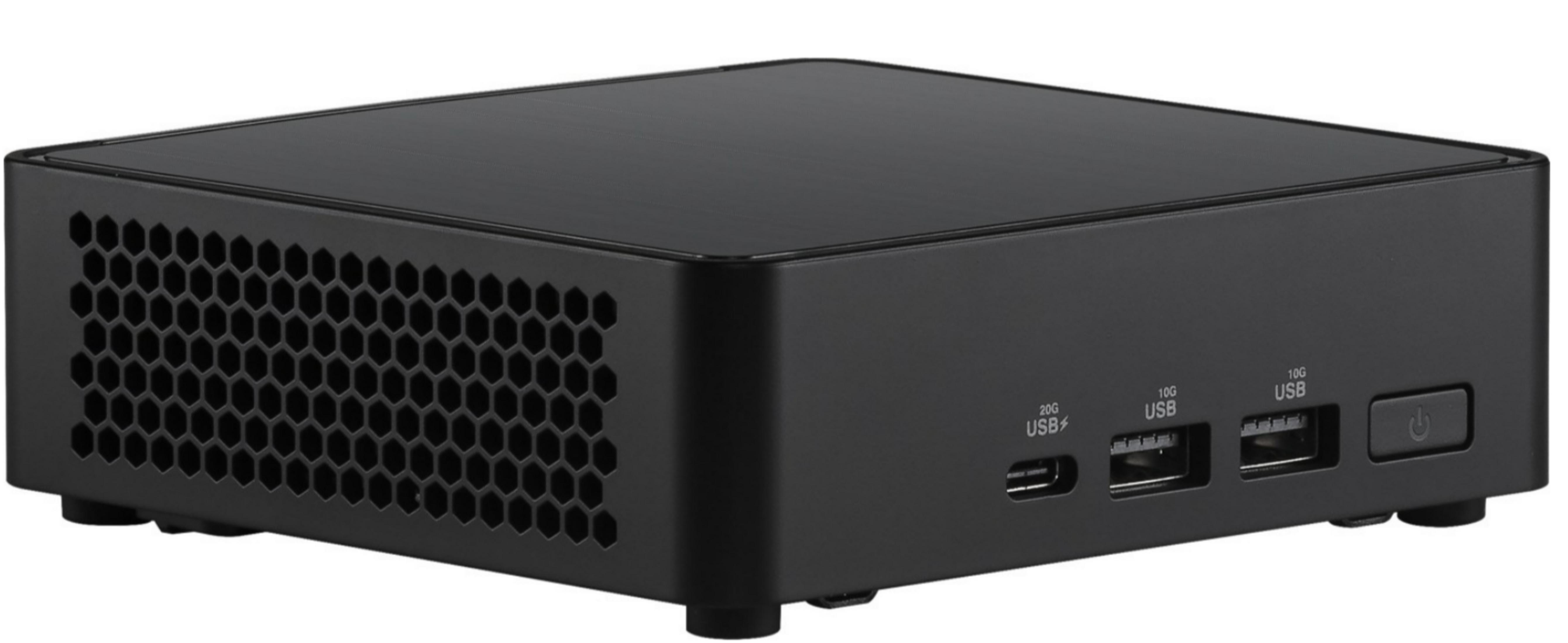 Mini PC nero con prese esagonali sul lato, porte USB e pulsante di accensione frontali.