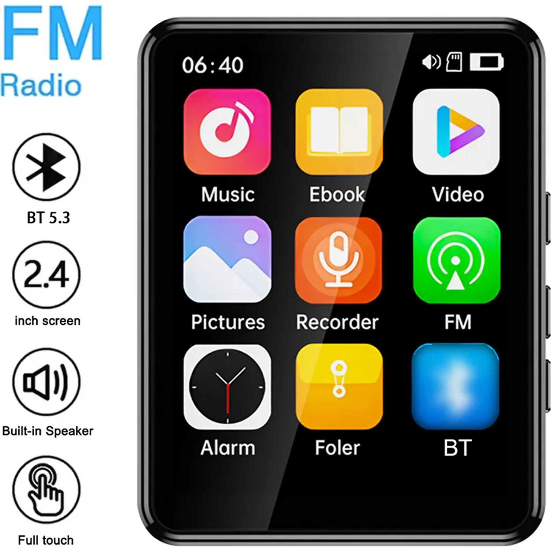 Ein schwarzer tragbarer Mediaplayer mit einem Touchscreen, der verschiedene App-Symbole anzeigt.