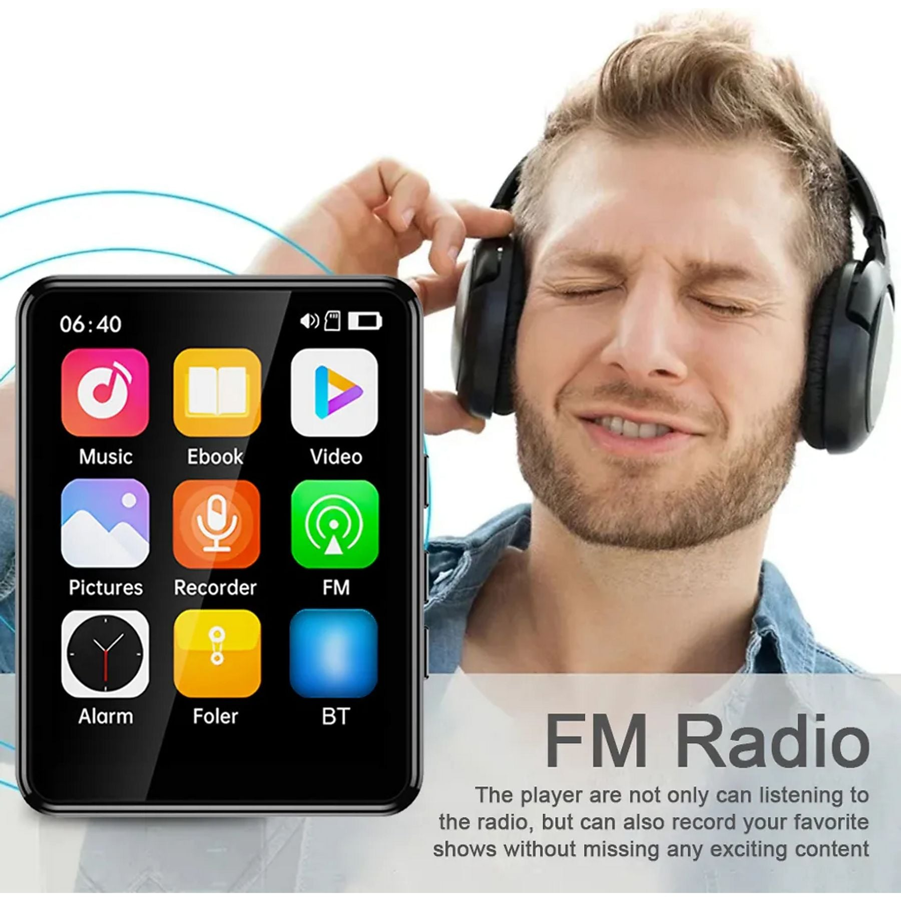 Mann mit Kopfhörern hört Musik auf einem digitalen Player mit App-Symbolen.