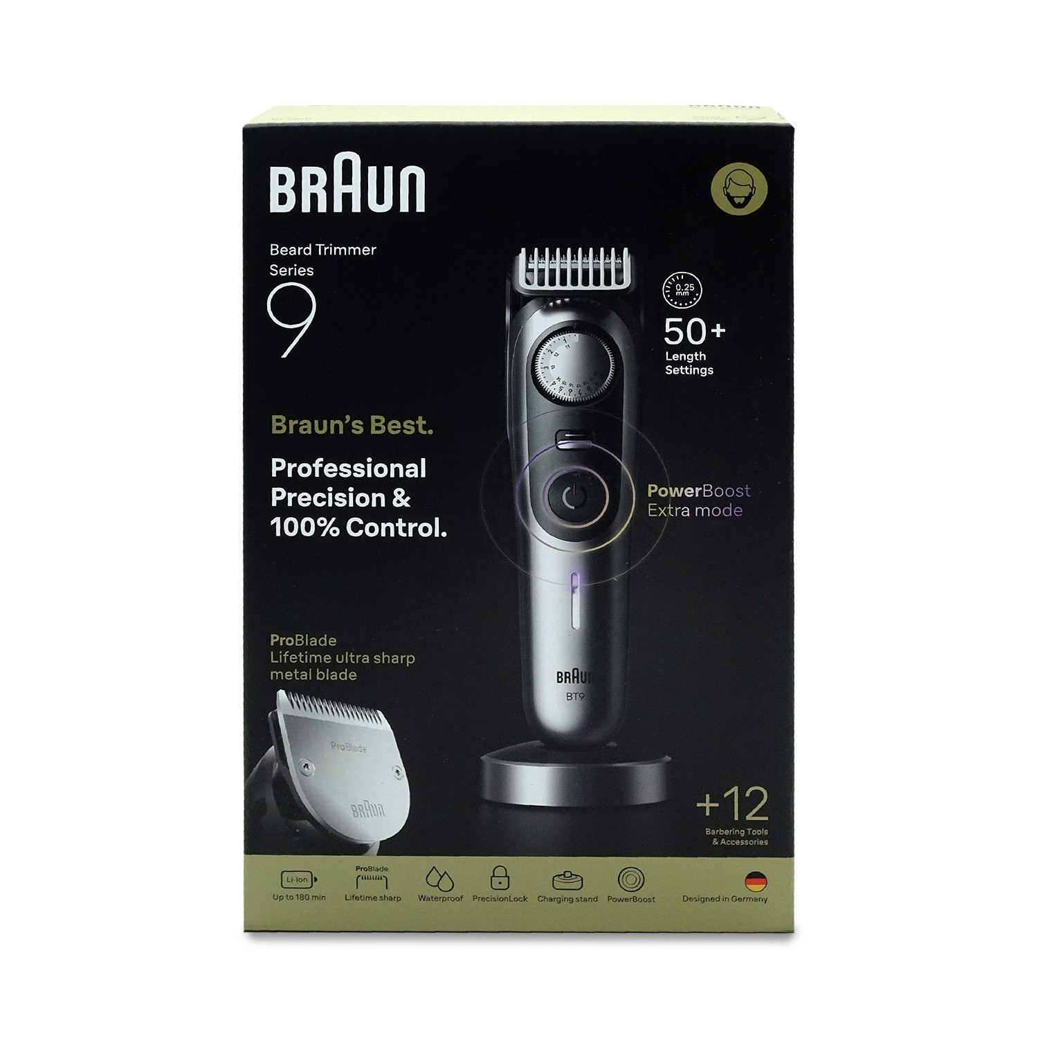Braun Series 9 Barttrimmer-Box mit Trimmer, Ladestation und Zubehör.