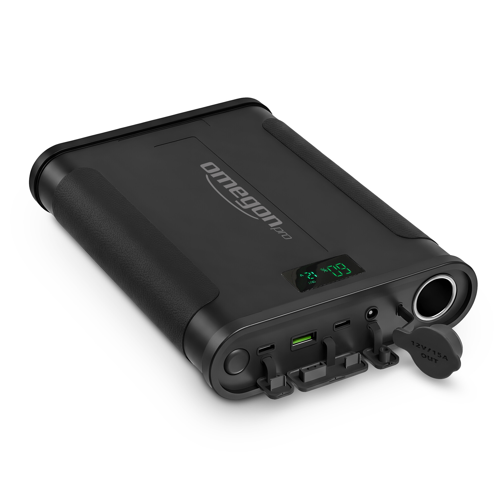 Schwarzes Powerpack mit digitalen Anzeigen, Anschlüssen und einem 12V-Ausgang.