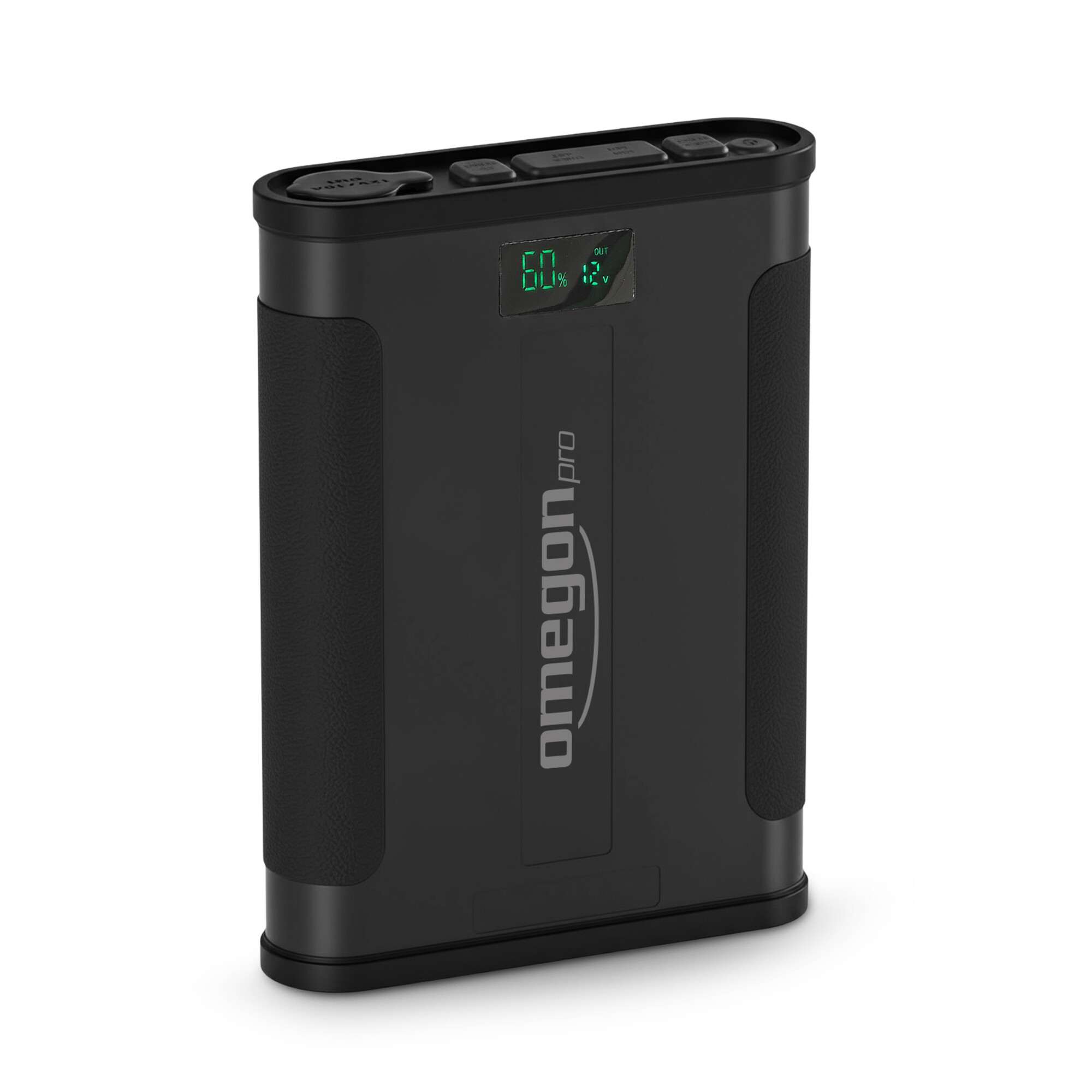 Schwarzes Omegon.pro Netzteil mit 60% Ladung und 12V Anzeige.