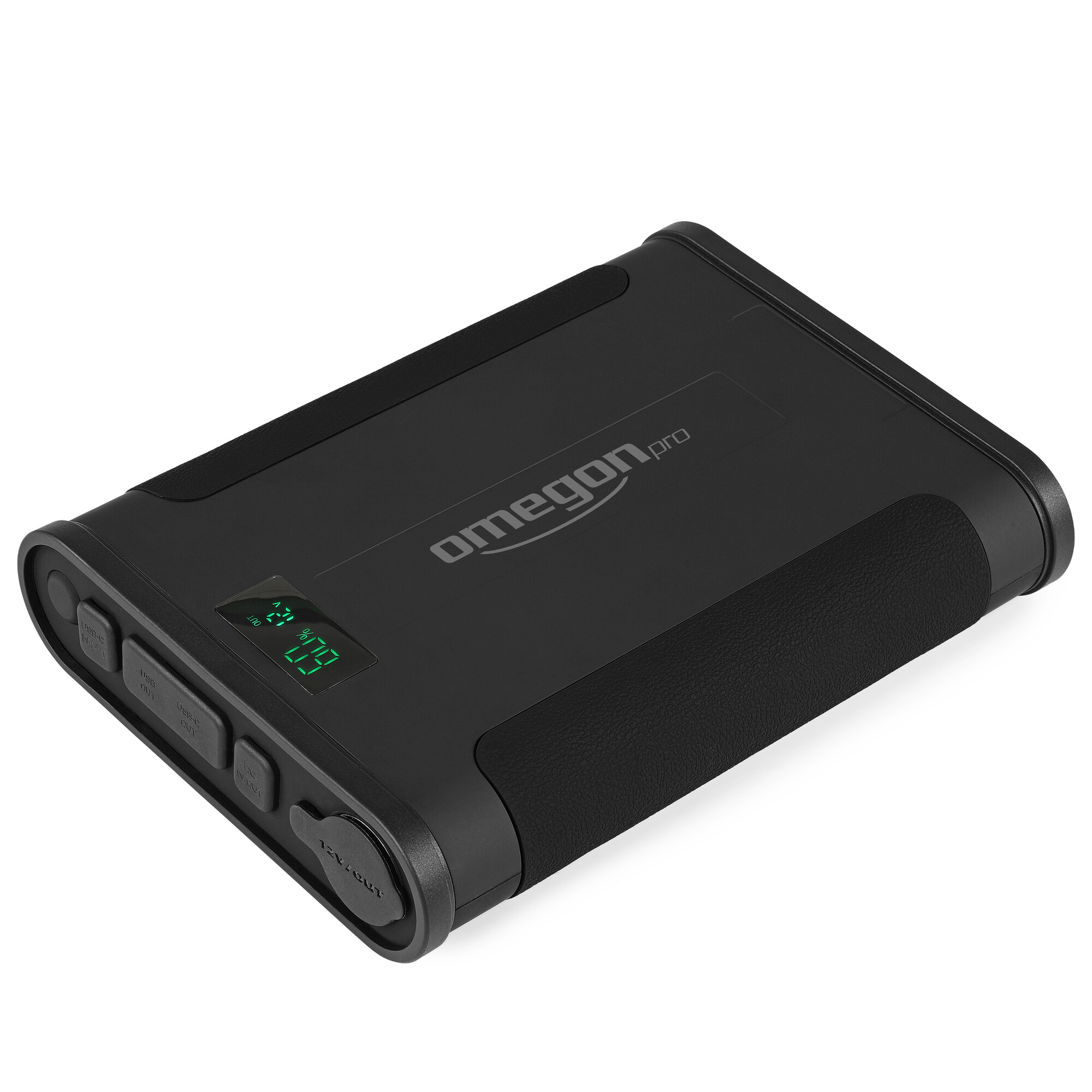 Schwarzes Omegon.pro Powerbank mit digitaler Anzeige und verschiedenen Anschlüssen.