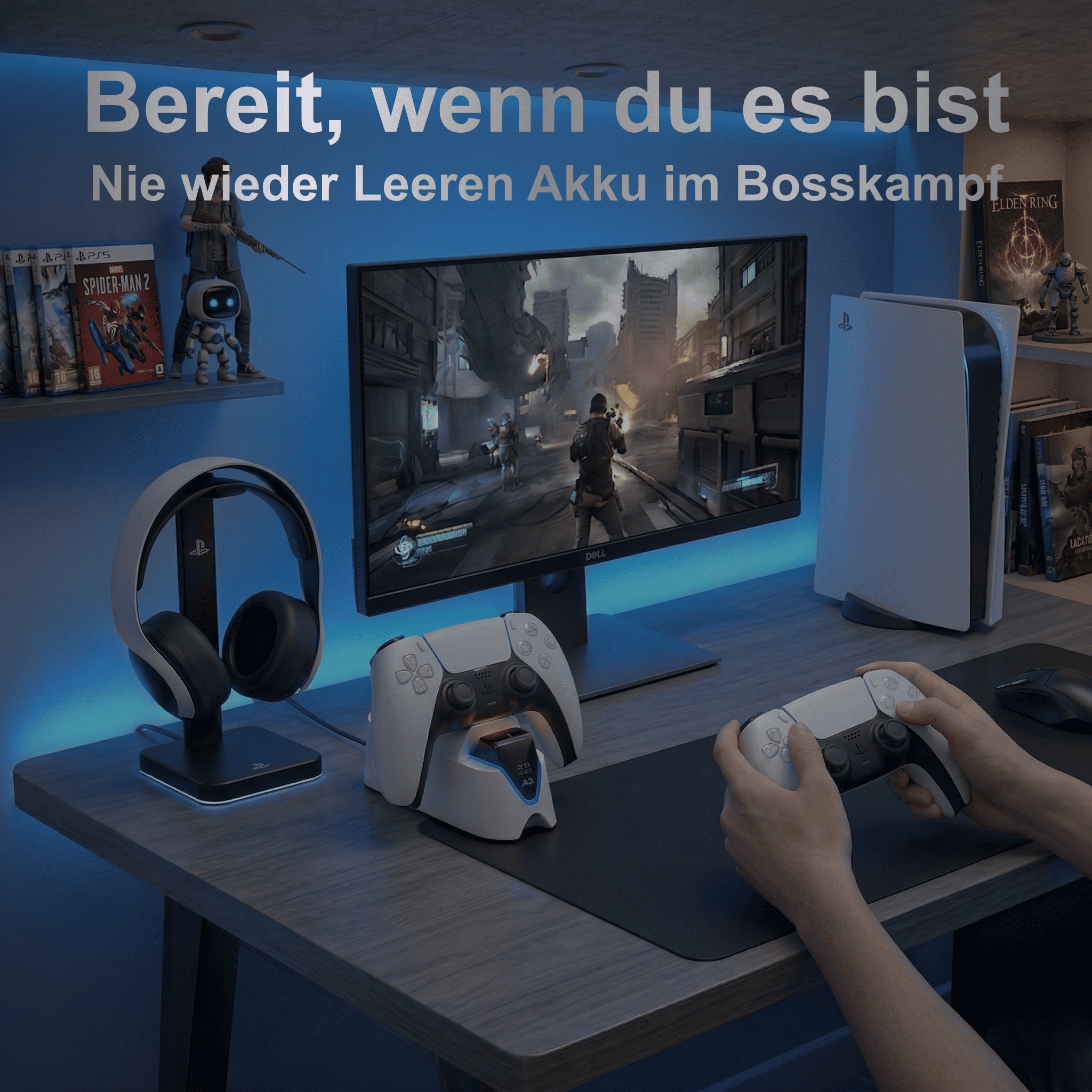 Ein Gaming-Setup mit PS5, Controller, Headset und Spielen. Blaue Beleuchtung.