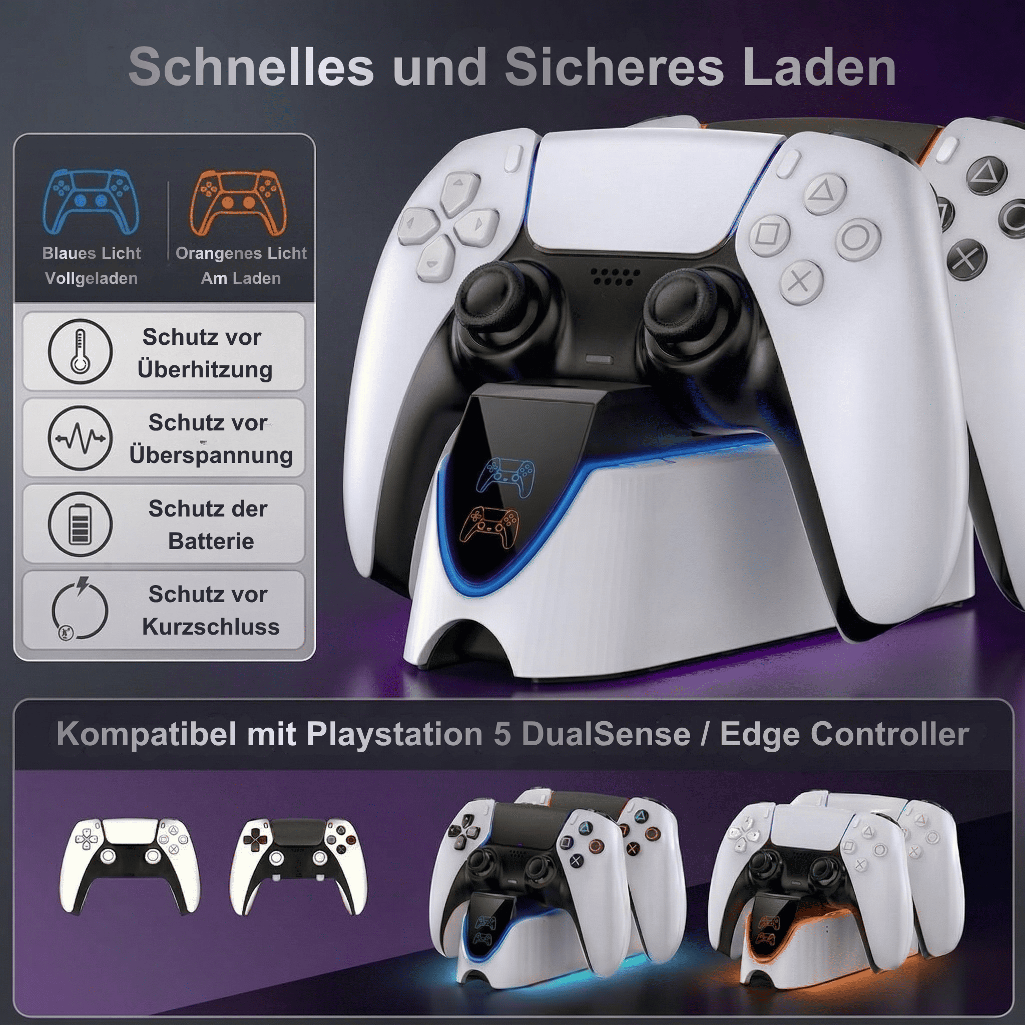 Weiße Ladestation für zwei PS5 Controller mit Ladeanzeigen und Schutzfunktionen.