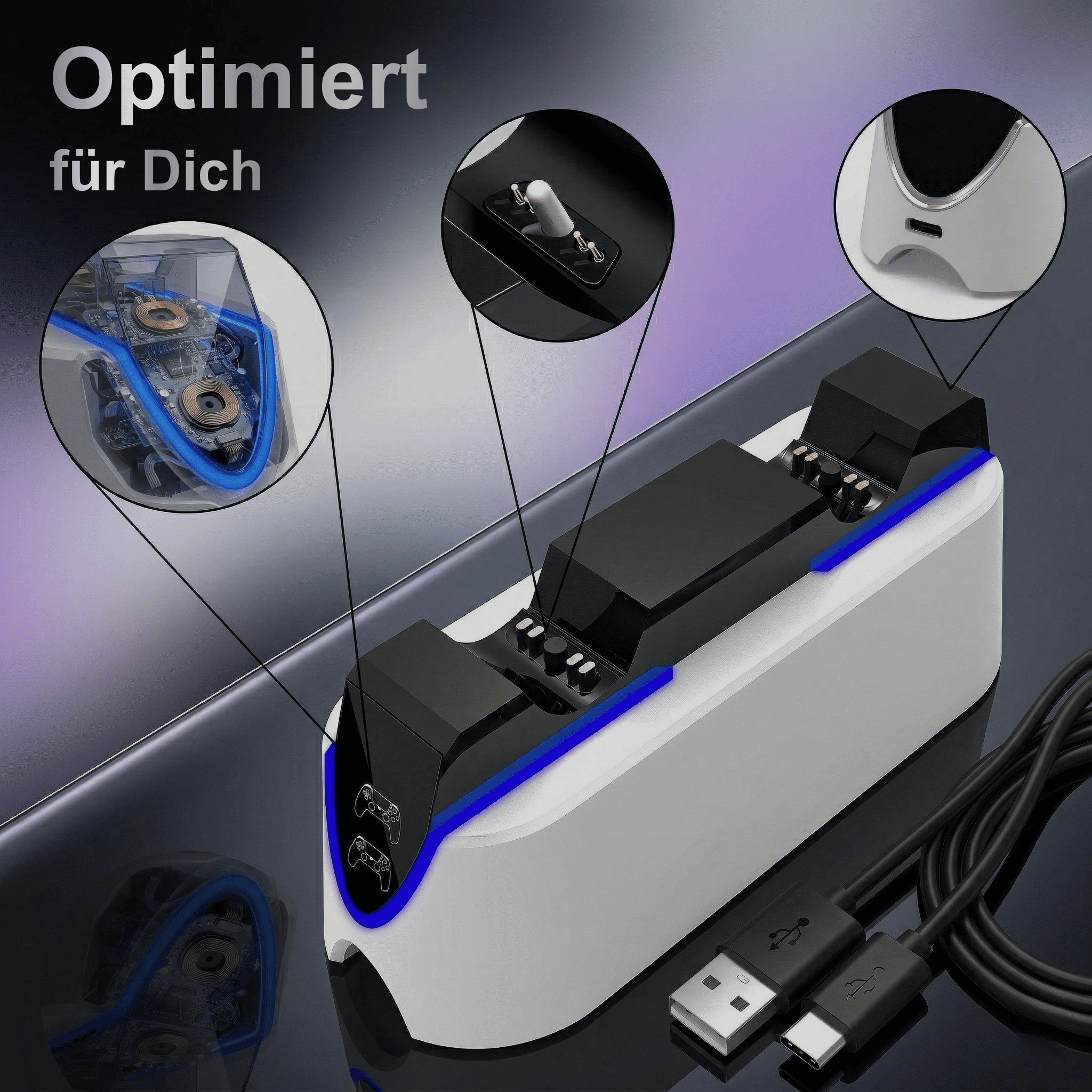 Eine weiße Ladestation mit blauen LED-Akzenten, USB-Kabel und Detailansichten.