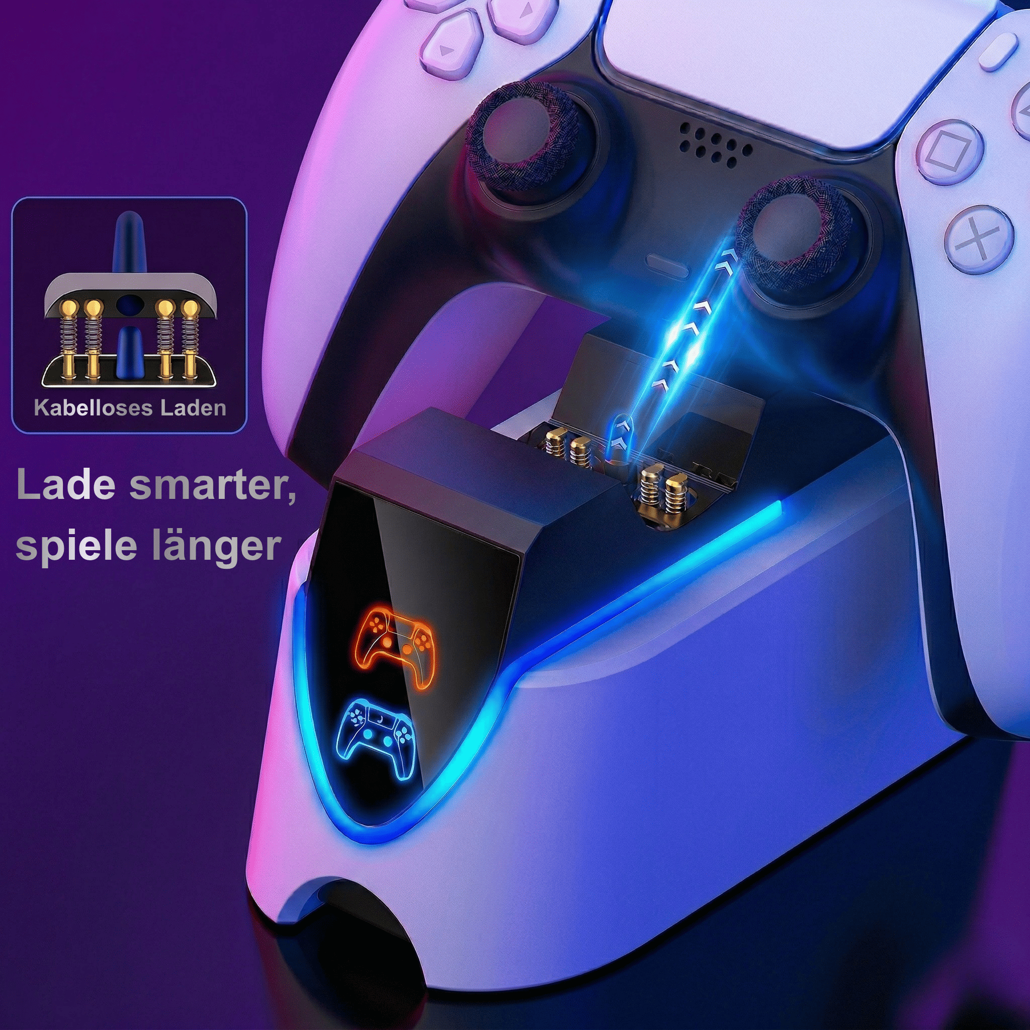 Ein Controller-Ladegerät mit blauen und orangen Lichtern und einem Controller.