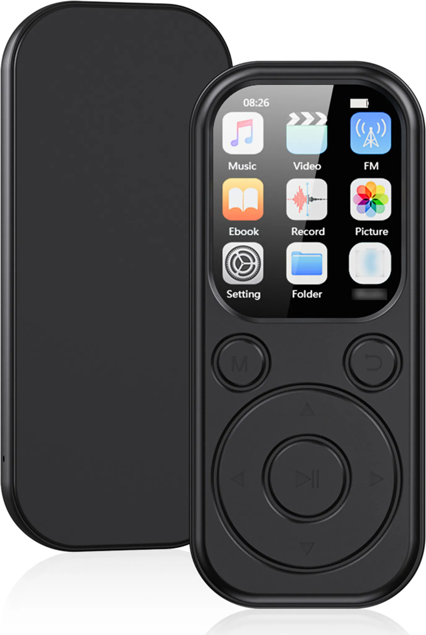 Schwarzer MP3-Player mit Touchscreen und Navigationstasten. Zeigt Musik-, Video-, FM-Icons.