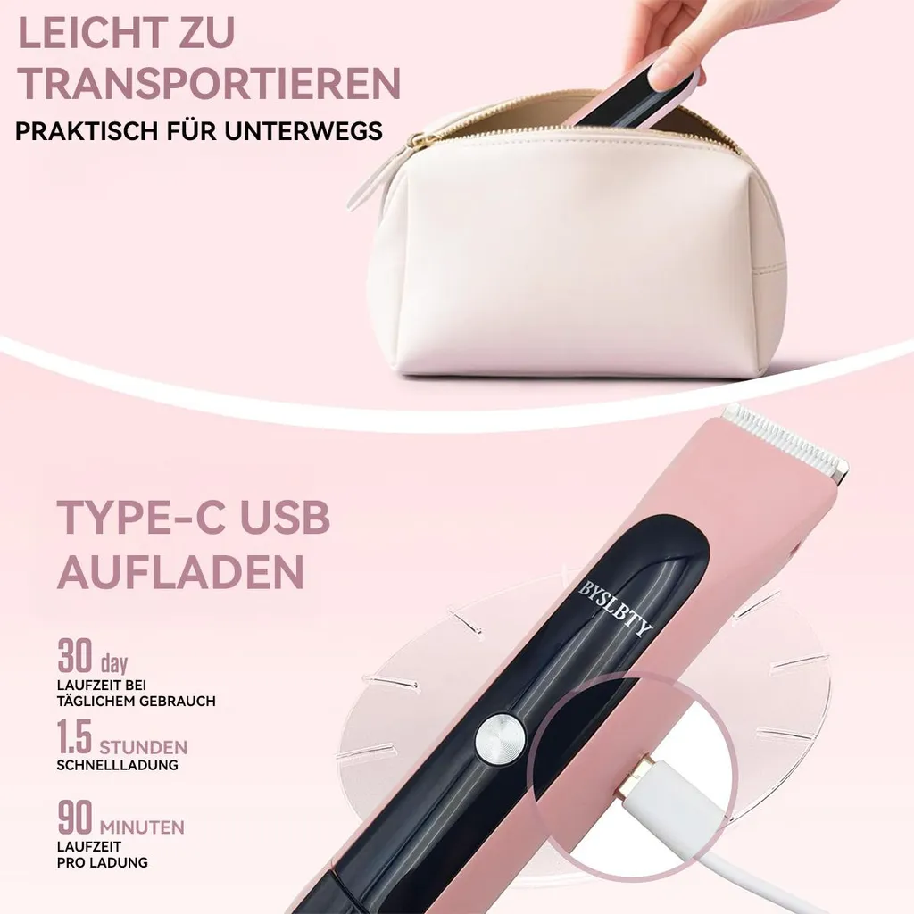 Ein rosafarbener Haarschneider wird mit einem weißen USB-C-Kabel aufgeladen, neben einer Kosmetiktasche.