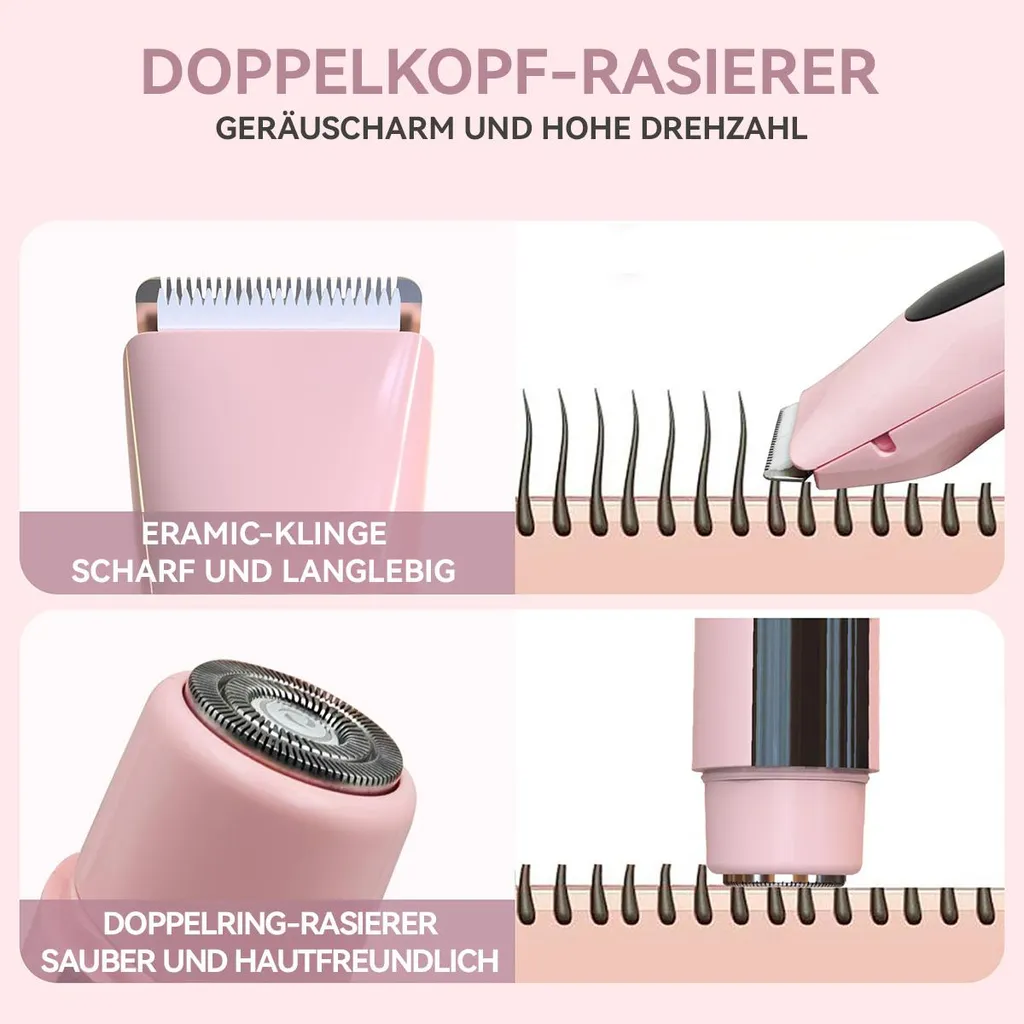 Rosa Rasierer mit verschiedenen Klingen und Haaren. Keramikklinge, Doppelklingenrasierer.