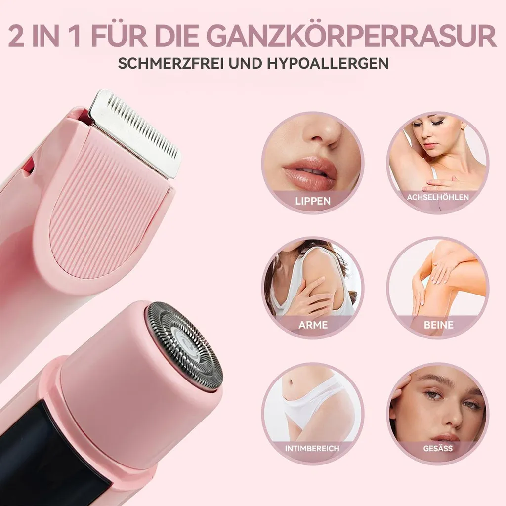 Rosa 2-in-1-Ganzkörperrasierer mit Aufsätzen für Lippen, Achseln, Arme, Beine, Intimbereich, Gesicht.
