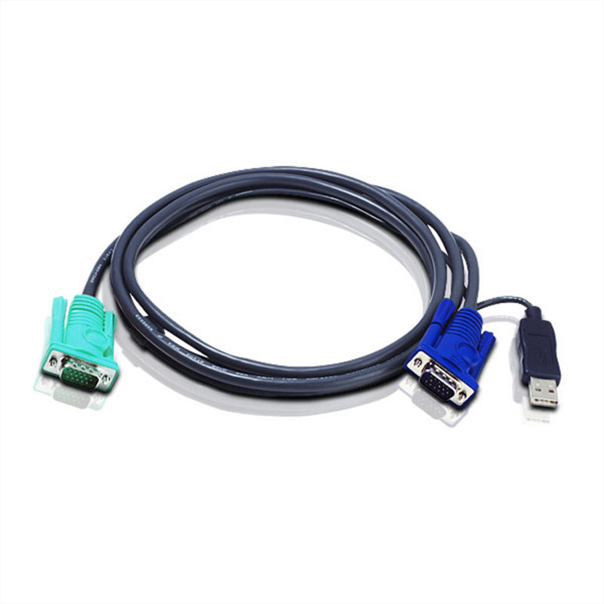 Un cavo grigio con un connettore VGA verde, un connettore VGA blu e un connettore USB.