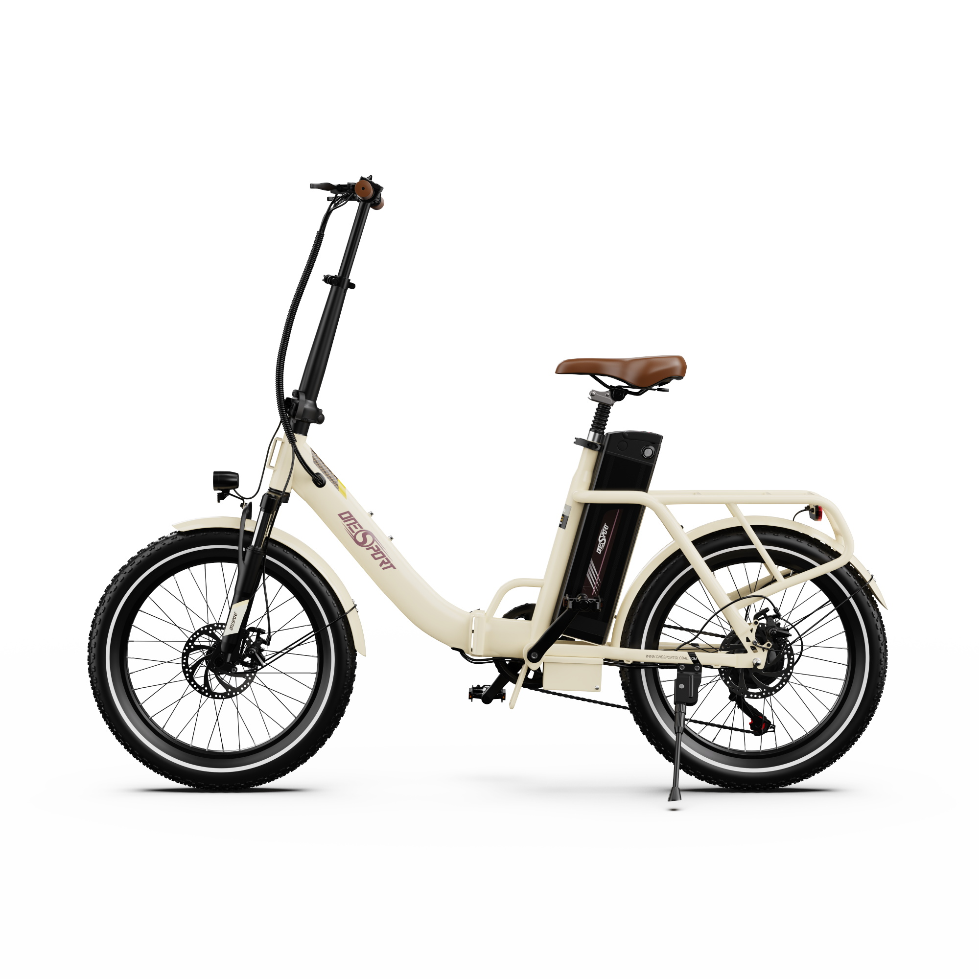 Ein cremefarbenes E-Bike mit braunem Ledersattel und schwarzer Batterie.
