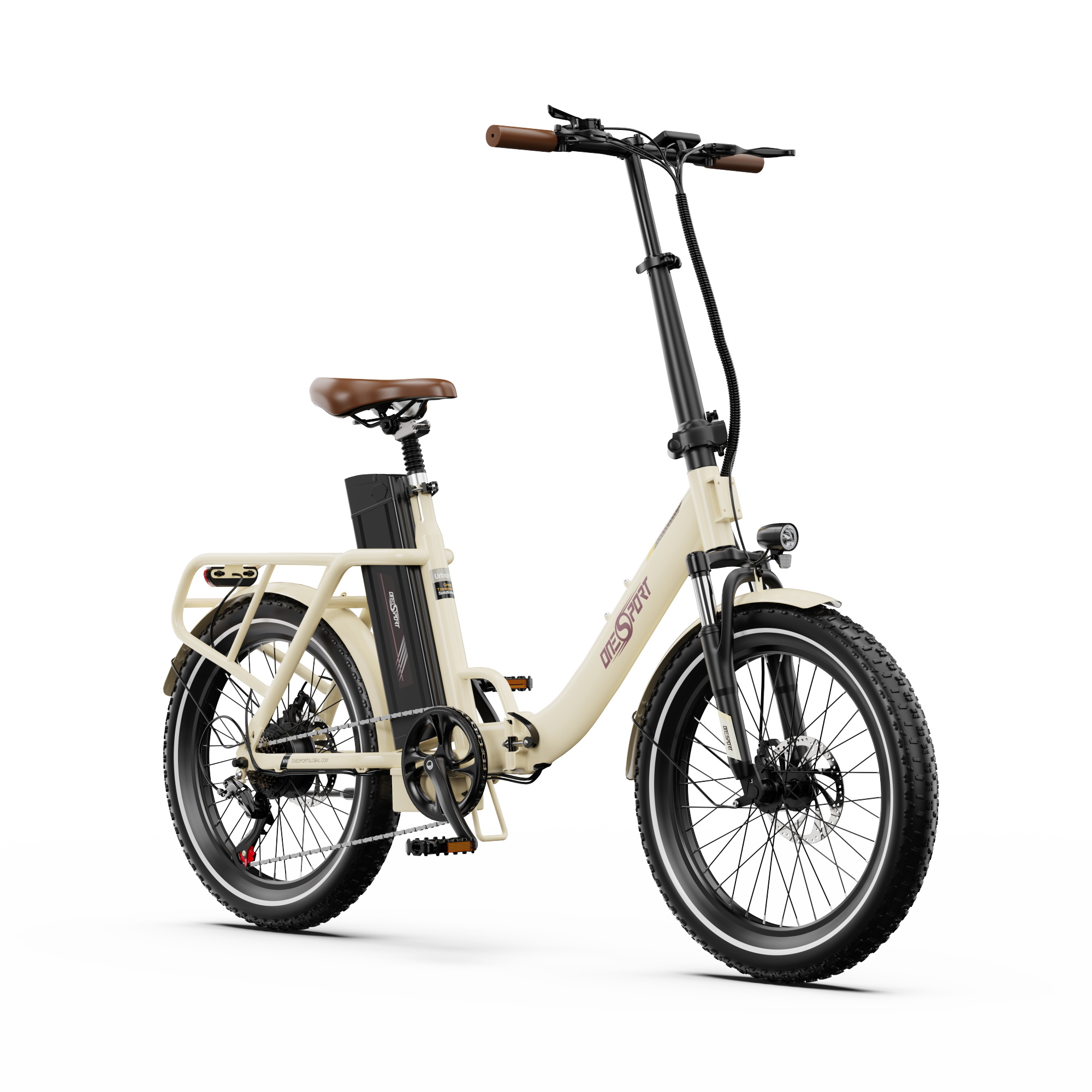 Ein cremefarbenes faltbares E-Bike mit braunem Sattel und Griffen, schwarzem Akku.