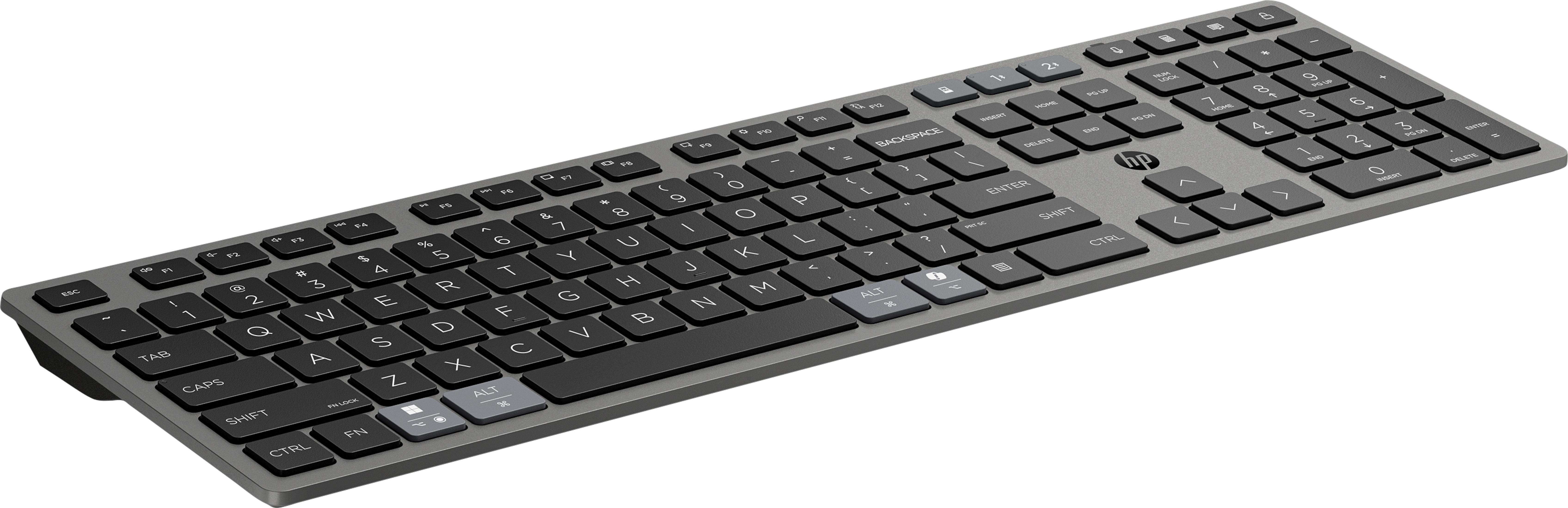 Una tastiera wireless HP grigia con tasti neri è mostrata dall'alto.