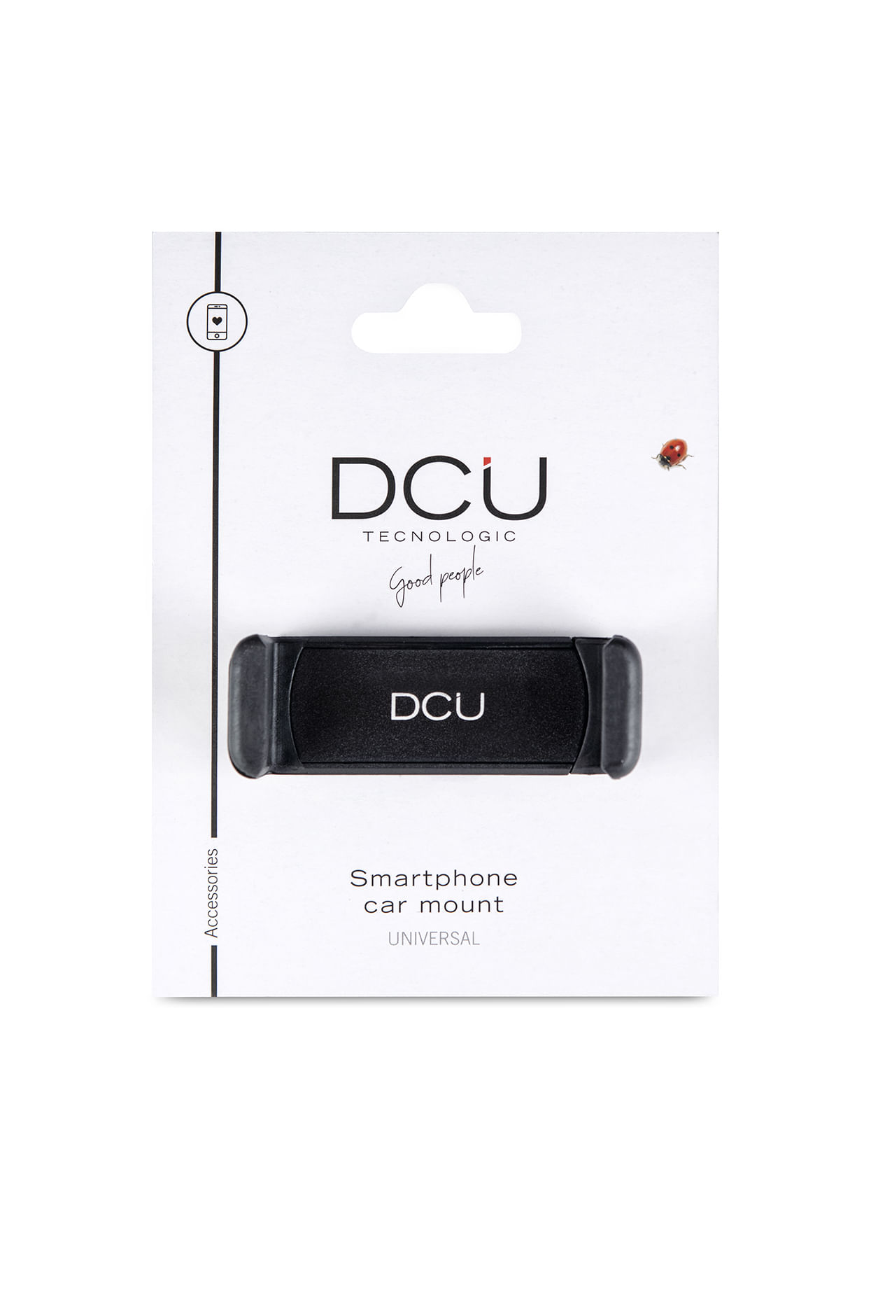 Verpackung mit DCU Smartphone-Autohalterung und einem Marienkäfer-Aufkleber.